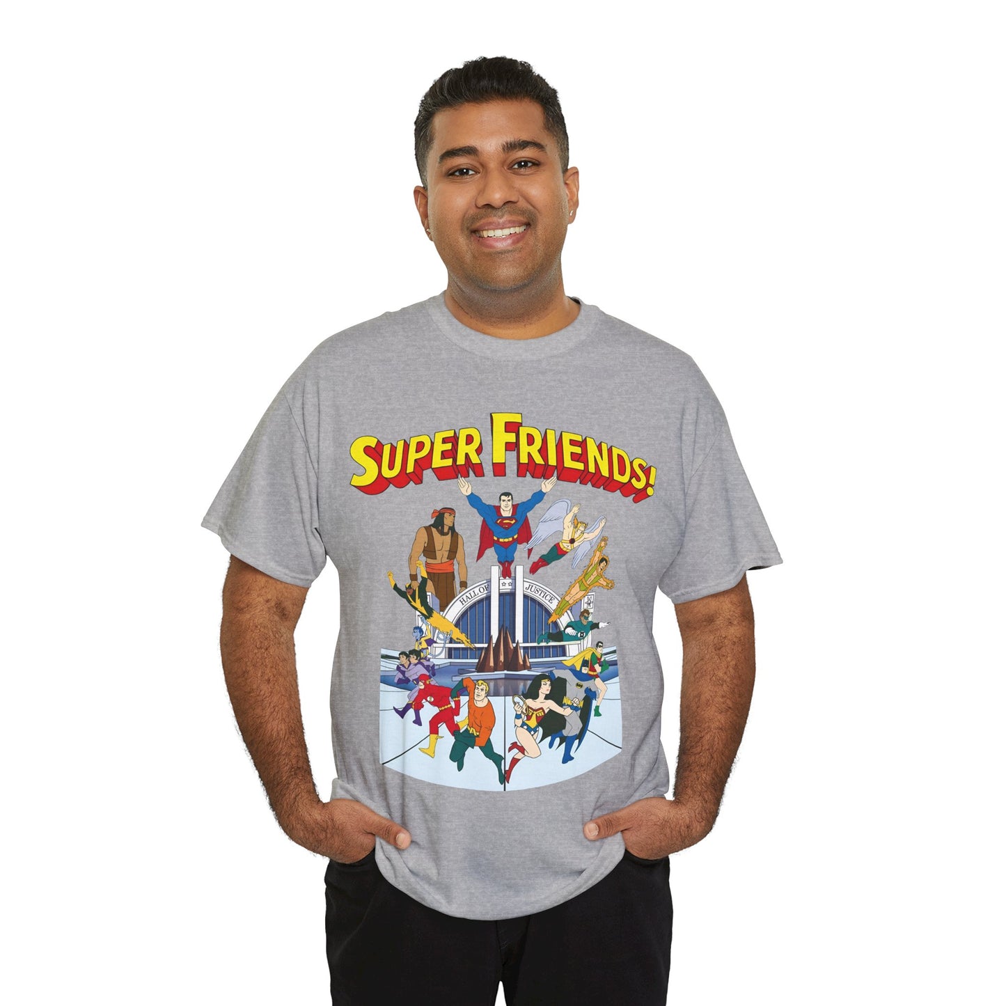 Super Friends T-Shirt - DC Hanna-Barbera - Superman, Wonder Woman, Black Vulcan, Batman, The Wonder Twins, Apache Chief, Hall of Justice