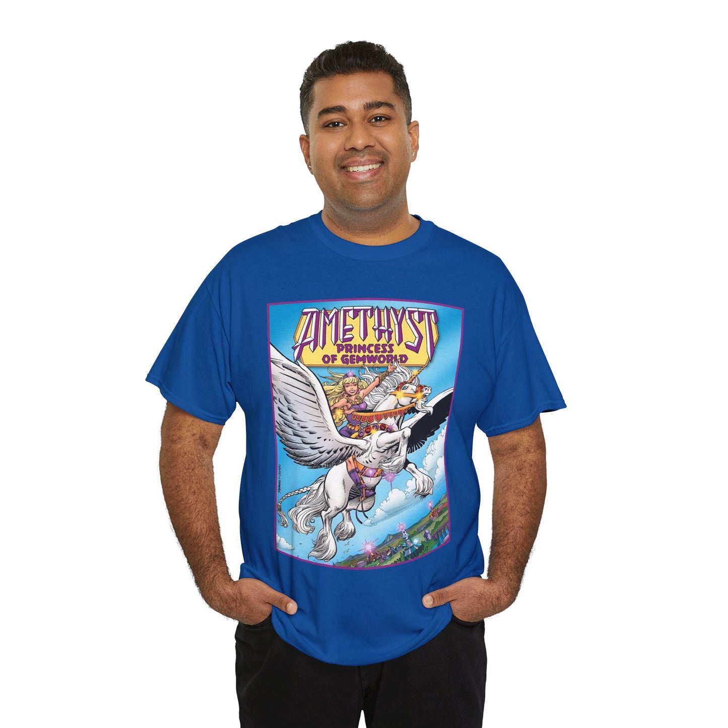 Amethyst Princess of Gemworld T-Shirt - George Perez Art - DC Comics 1980s Series - Riding a Unicorn