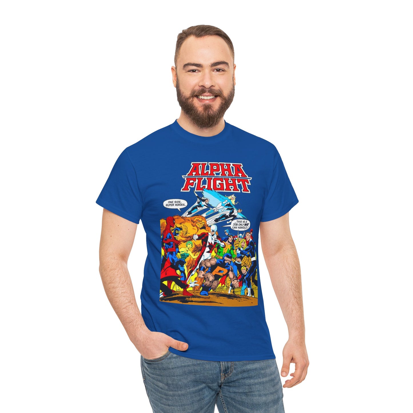 Alpha Flight T-Shirt - John Byrne Art - Sasquatch, Aurora, Northstar, Guardian, Puck, Shaman, Snowbird - Canada's Super Team - Marvel Comics