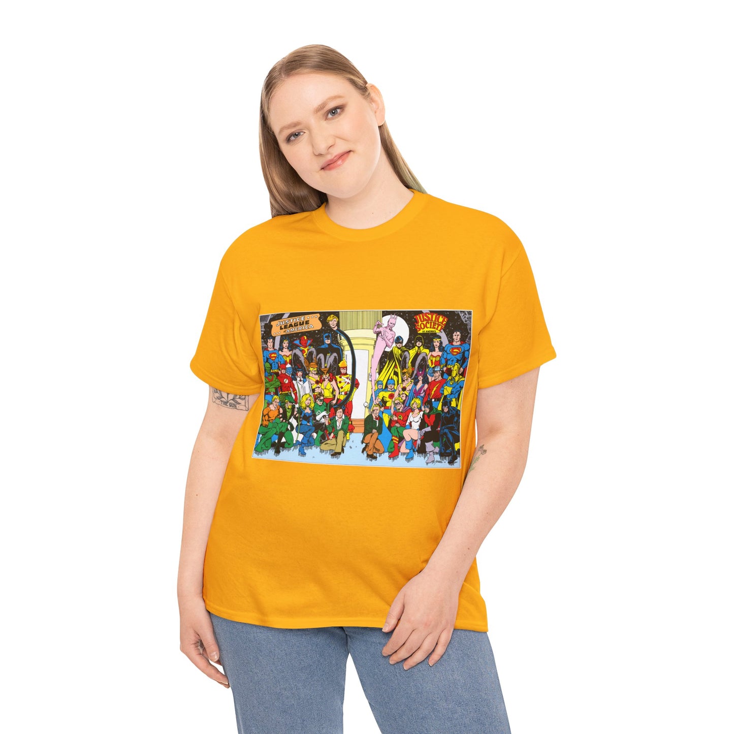 JLA & JSA T-Shirt - George Perez Art - Justice League, Society Team-up - Batman, Wildcat, Dr Fate, Hourman, Firestorm, Superman