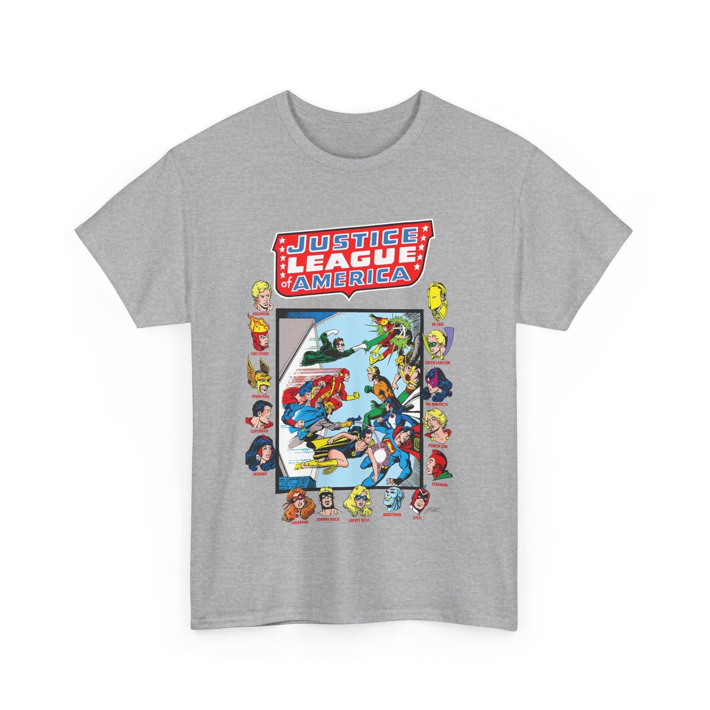 JLA & JSA T-Shirt - George Perez Art - All-Star Squadron - Firestorm, Huntress, Starman, Zatanna, Liberty Belle, Superman, Robotman, Firebrand, Dr Fate - DC Comics