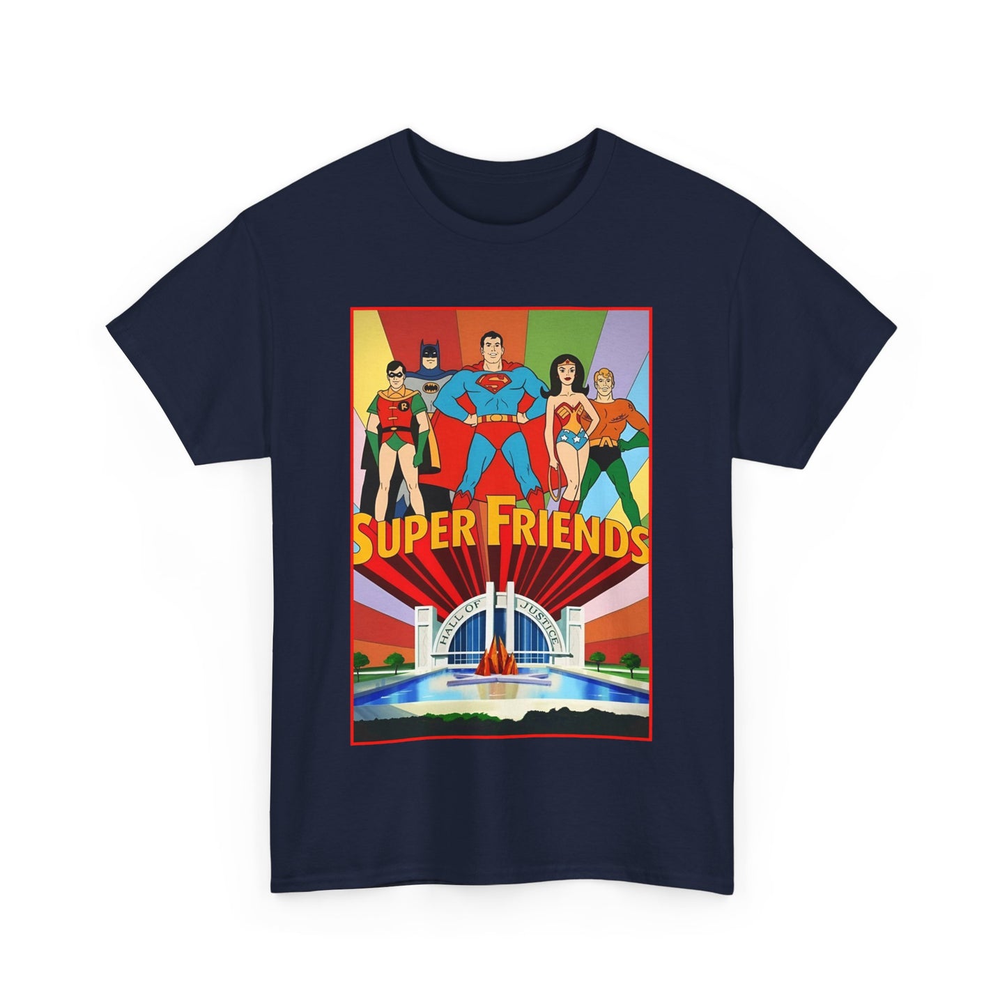 Super Friends T-Shirt - Batman, Superman, Wonder Woman, Robin - Hanna-Barbera Cartoon - DC Comics - Hall of Justice