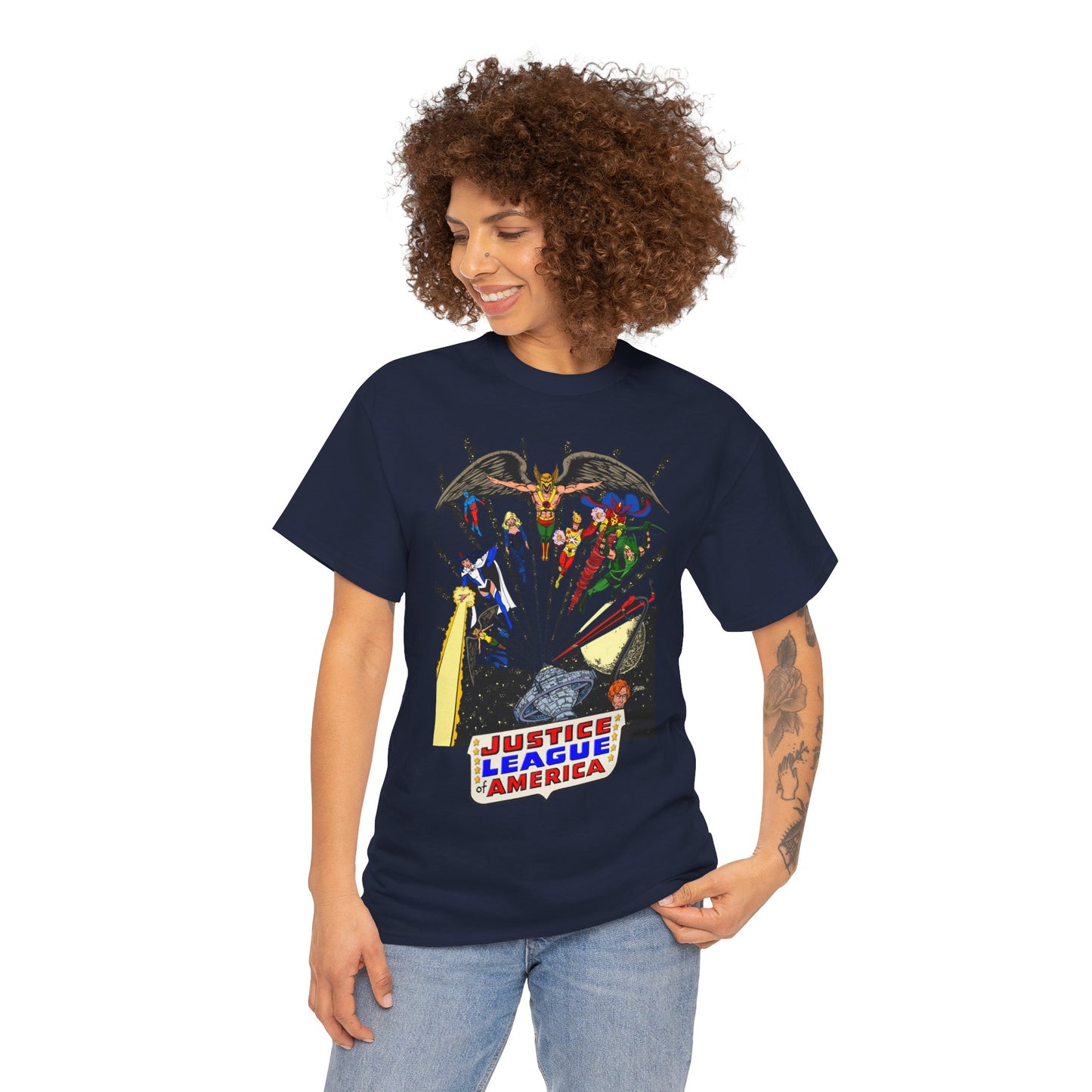 Justice League of America T-Shirt - George Perez Art - Bronze Age Satellite Era - DC Comics - Hawkman, Zatanna, Atom, Firestorm, Elongated Man, Green Arrow