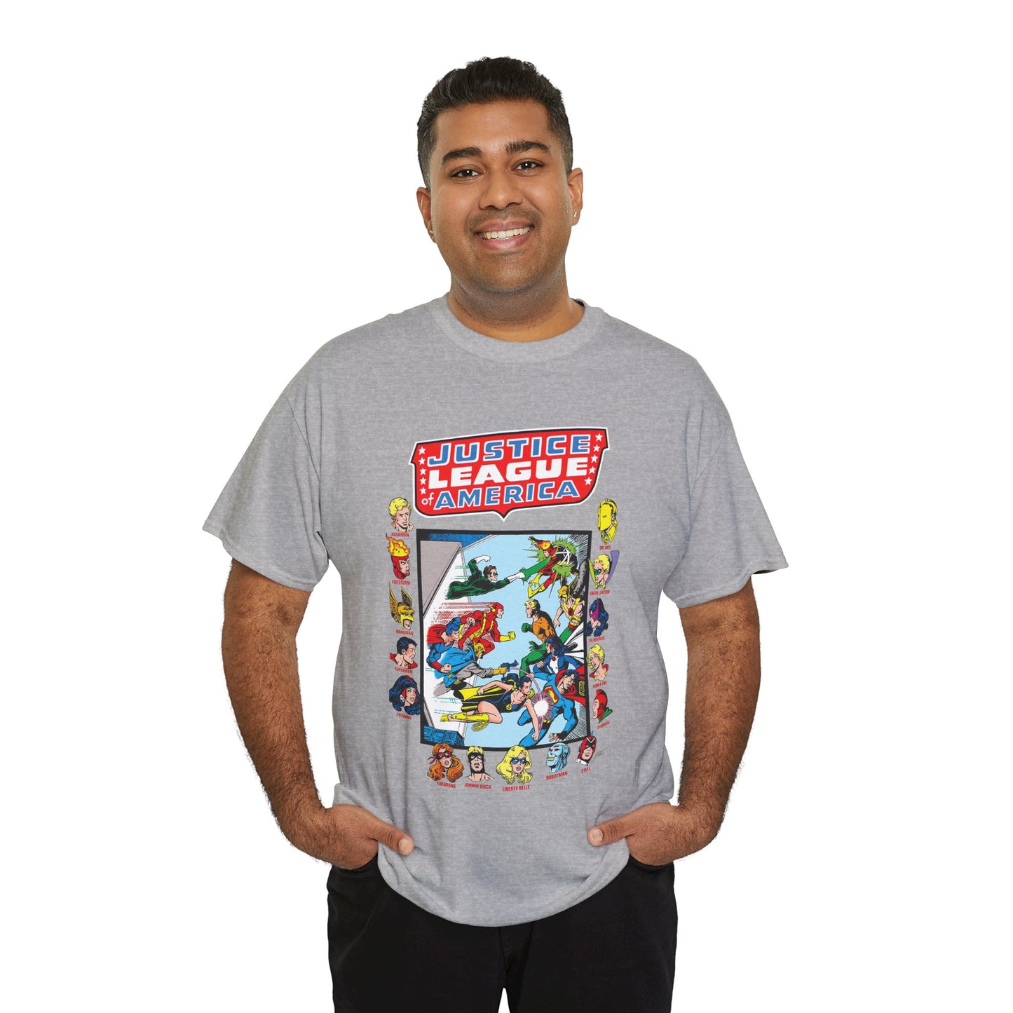 JLA & JSA T-Shirt - George Perez Art - All-Star Squadron - Firestorm, Huntress, Starman, Zatanna, Liberty Belle, Superman, Robotman, Firebrand, Dr Fate - DC Comics