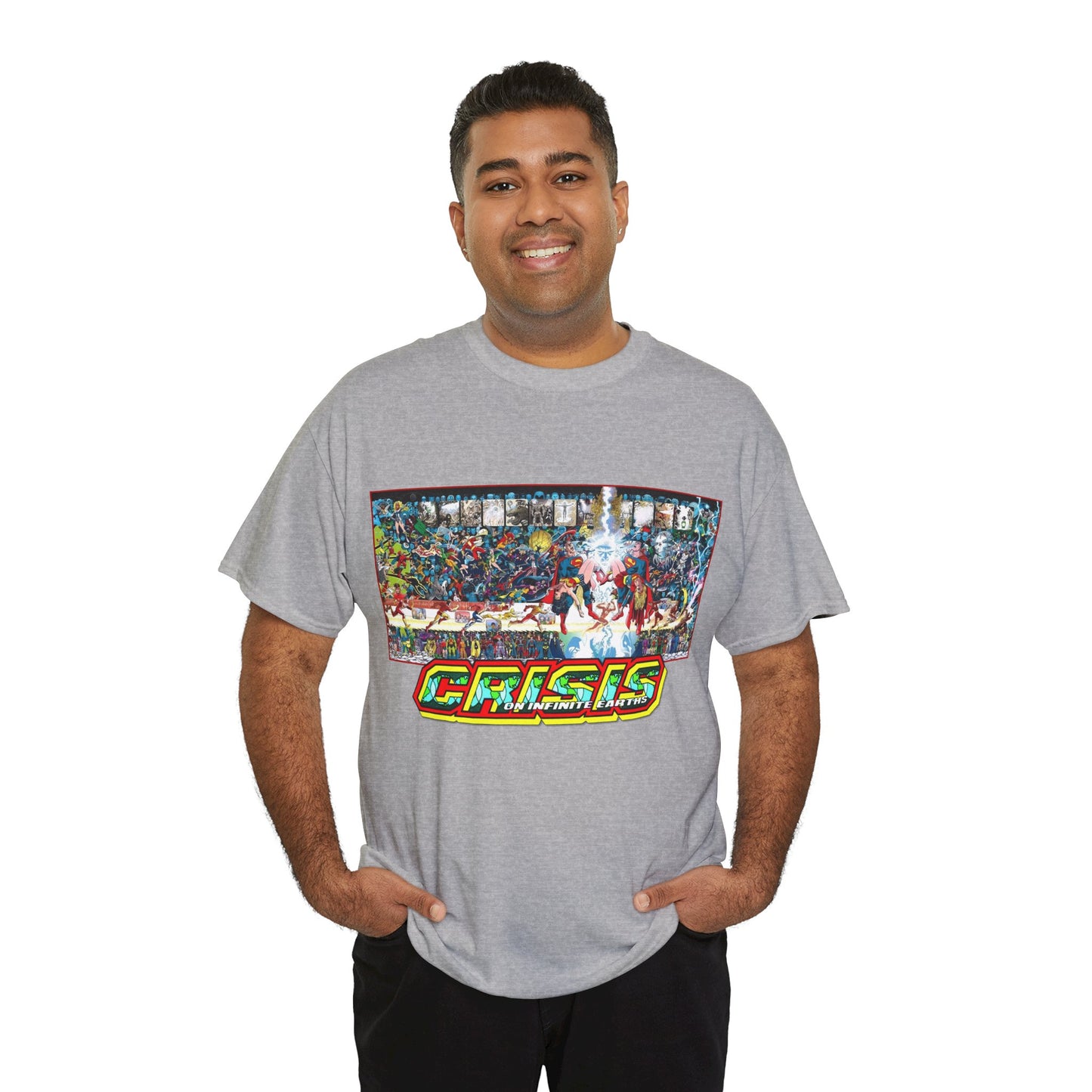Crisis on Infinite Earths T-Shirt - Jerry Ordway/George Perez Art - Updated 2025 Poster Art - Superman, Wonder Woman, Supergirl, Flash, Harbinger, Pariah, Obsidian, Firestorm - DC Comics