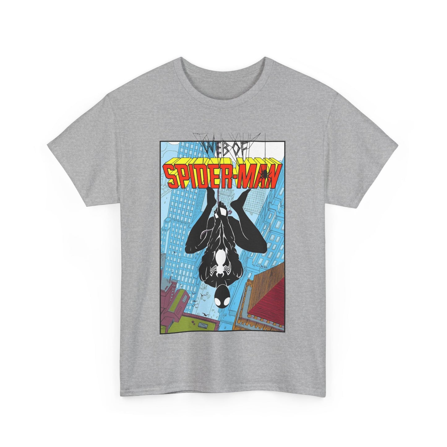 Web of Spider-Man T-Shirt - Charles Vess Art - Peter Parker, Web Slinger - Manhattan Skyline - Spidey Black Suit - Marvel Comics