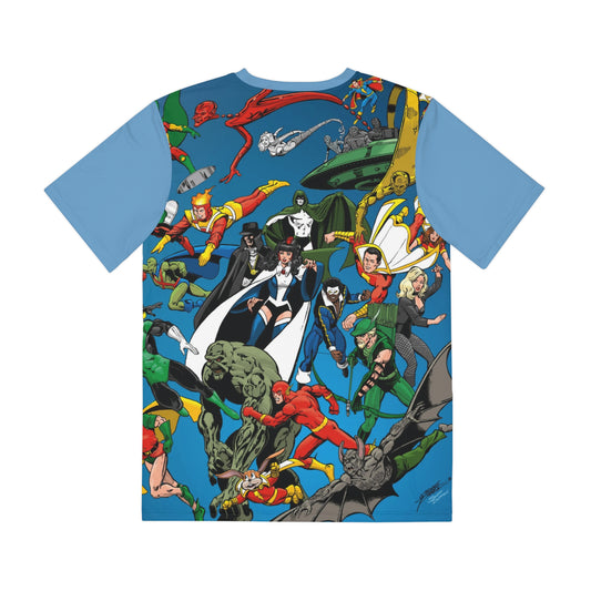 Superman Team-Ups All Over Print Tee (Polyester) - George Perez Art - DC Comics Presents 2-Page Spread - Wonder Woman, Dr. Fate, Adam Strange, Supergirl