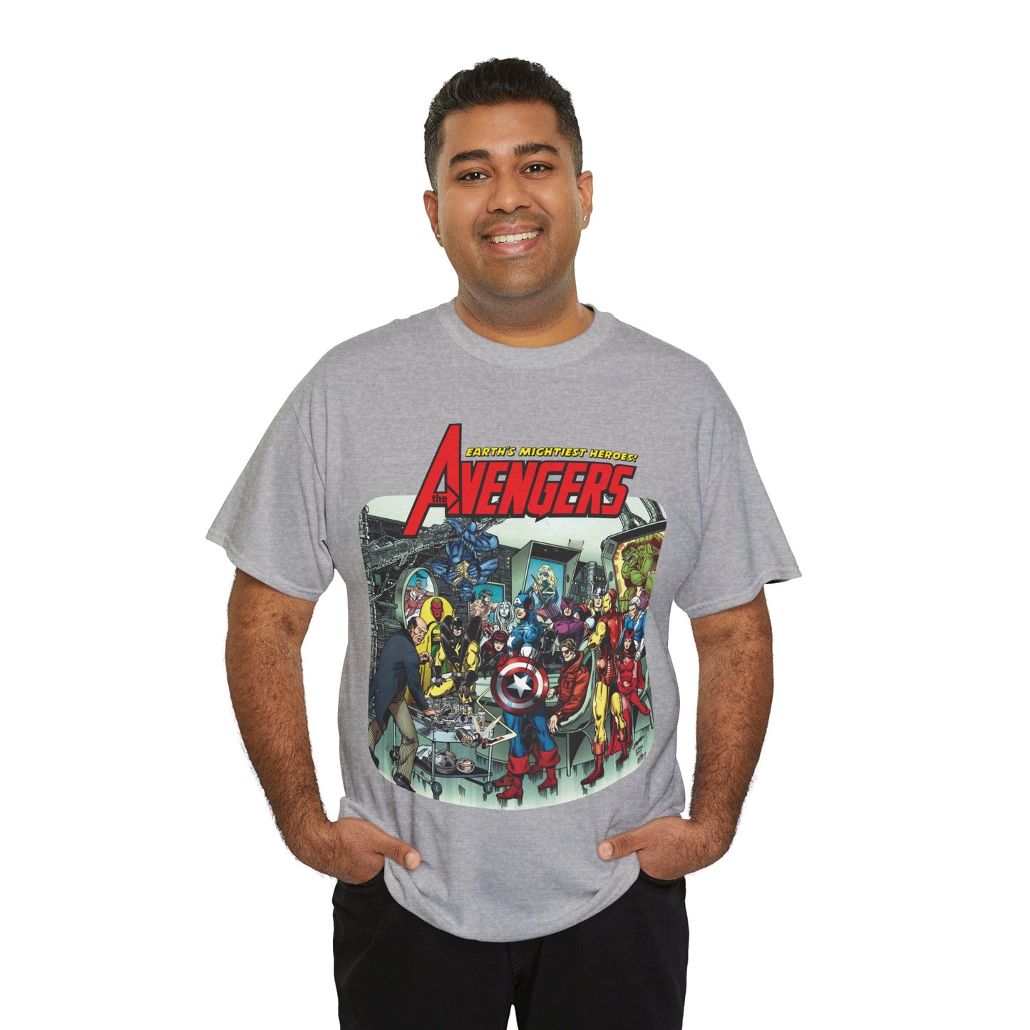 Classic Avengers T-Shirt - George Perez Art - Captain America, Hawkeye, Iron Man, Vision, Scarlet Witch, Quicksilver, Jarvis - Marvel Comics