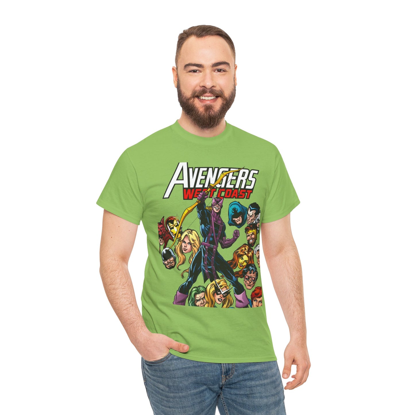 Avengers West Coast T-Shirt - Bob Hall Art - Hawkeye, Iron Man, Wonder Man, Tigra, Mockingbird - Marvel Comics Team