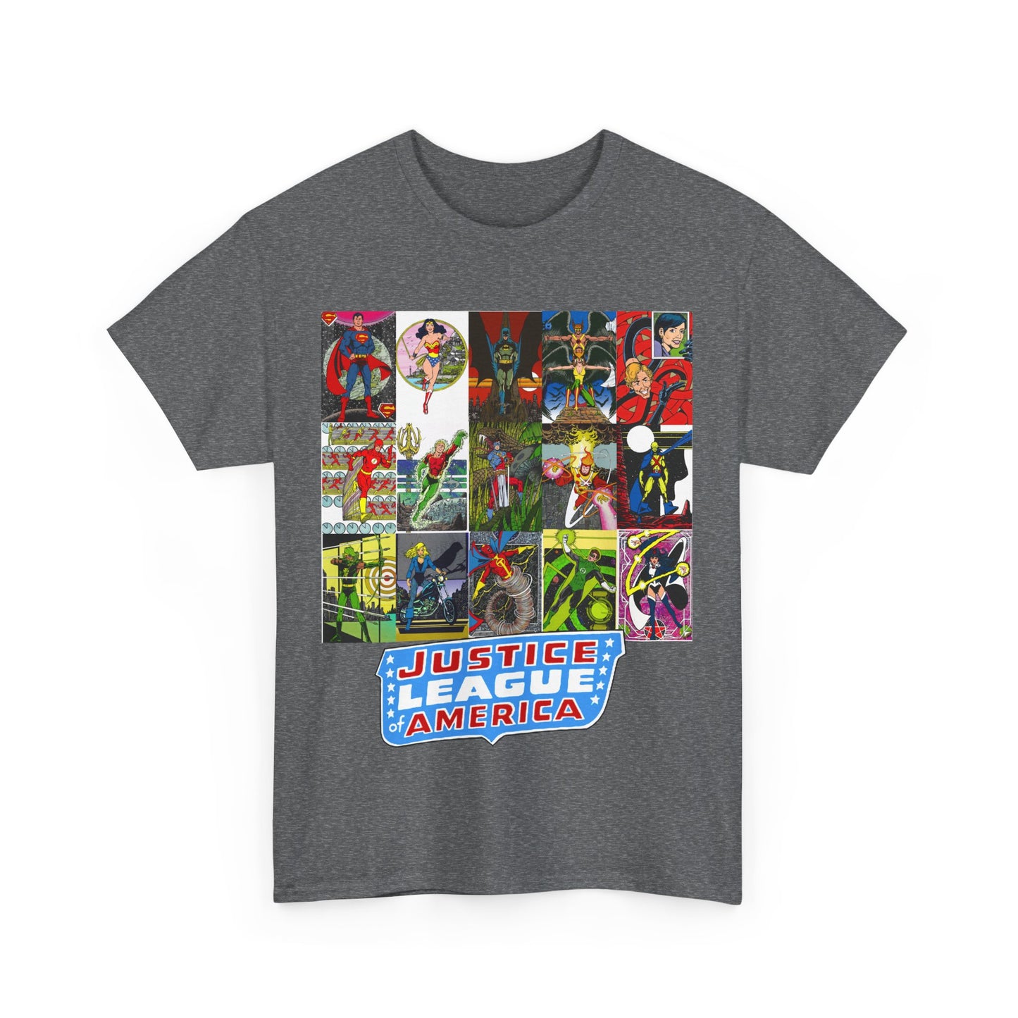 JLA Postcard T-Shirt - George Perez Art - Zatanna, Green Lantern, Flash, Batman, Hawkman, Wonder Woman, Firestorm - Justice League of America - DC Comics