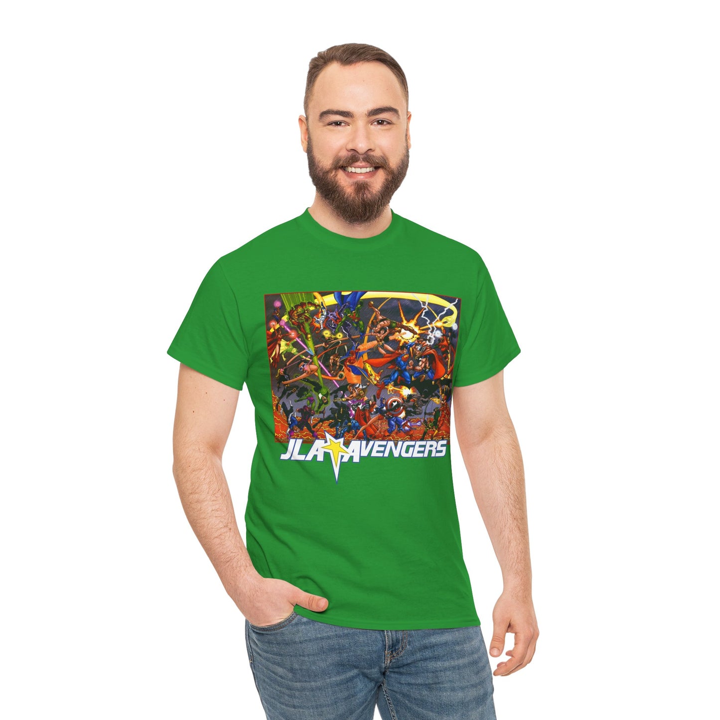 Avengers Vs JLA T-Shirt - Stunning George Perez Art - Marvel & DC Comics Crossover - Thor, Superman, Wonder Woman, Hercules, Iron Man, Batman, Black Canary, Scarlet Witch, Wonder Man, Martian Manhunter