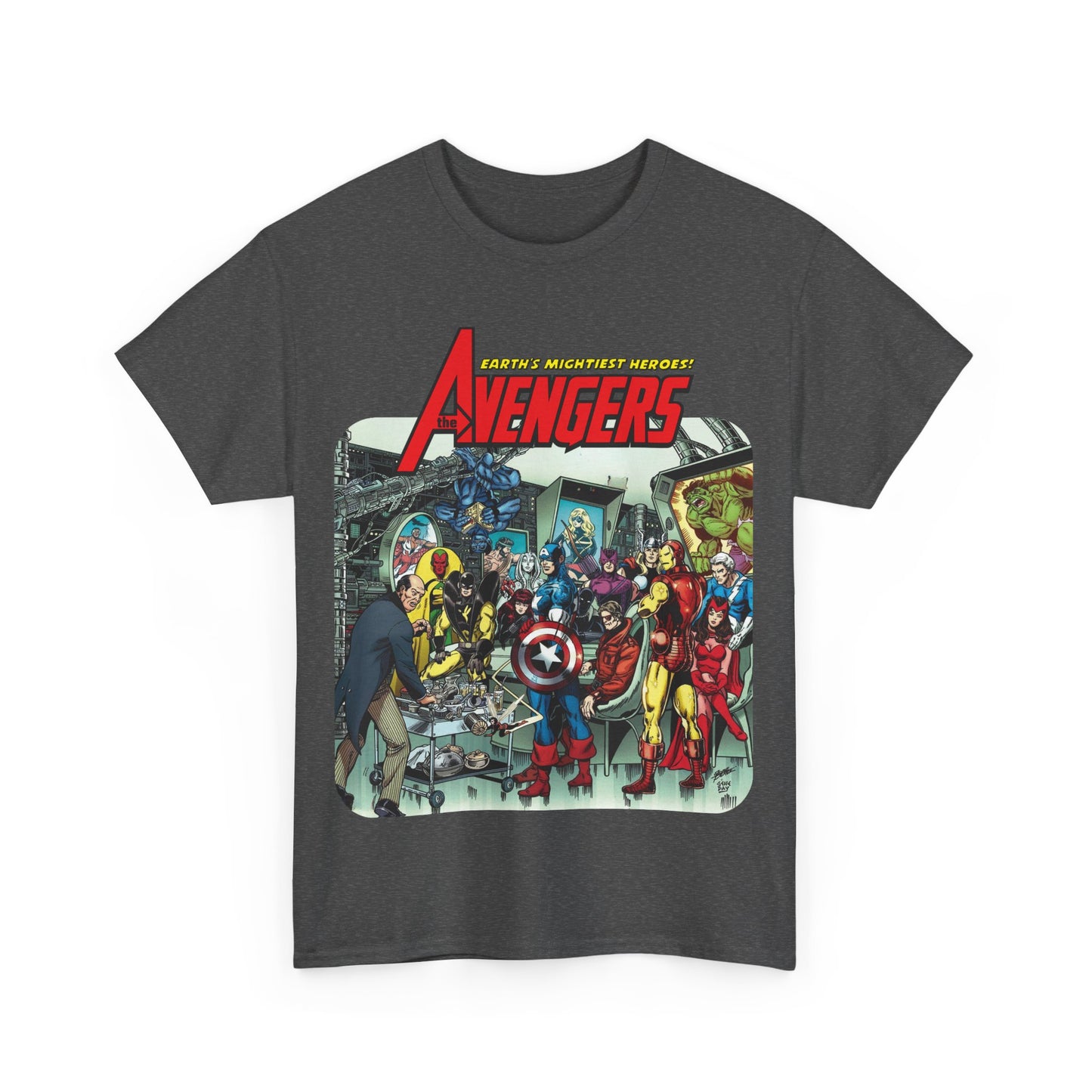 Classic Avengers T-Shirt - George Perez Art - Captain America, Hawkeye, Iron Man, Vision, Scarlet Witch, Quicksilver, Jarvis - Marvel Comics