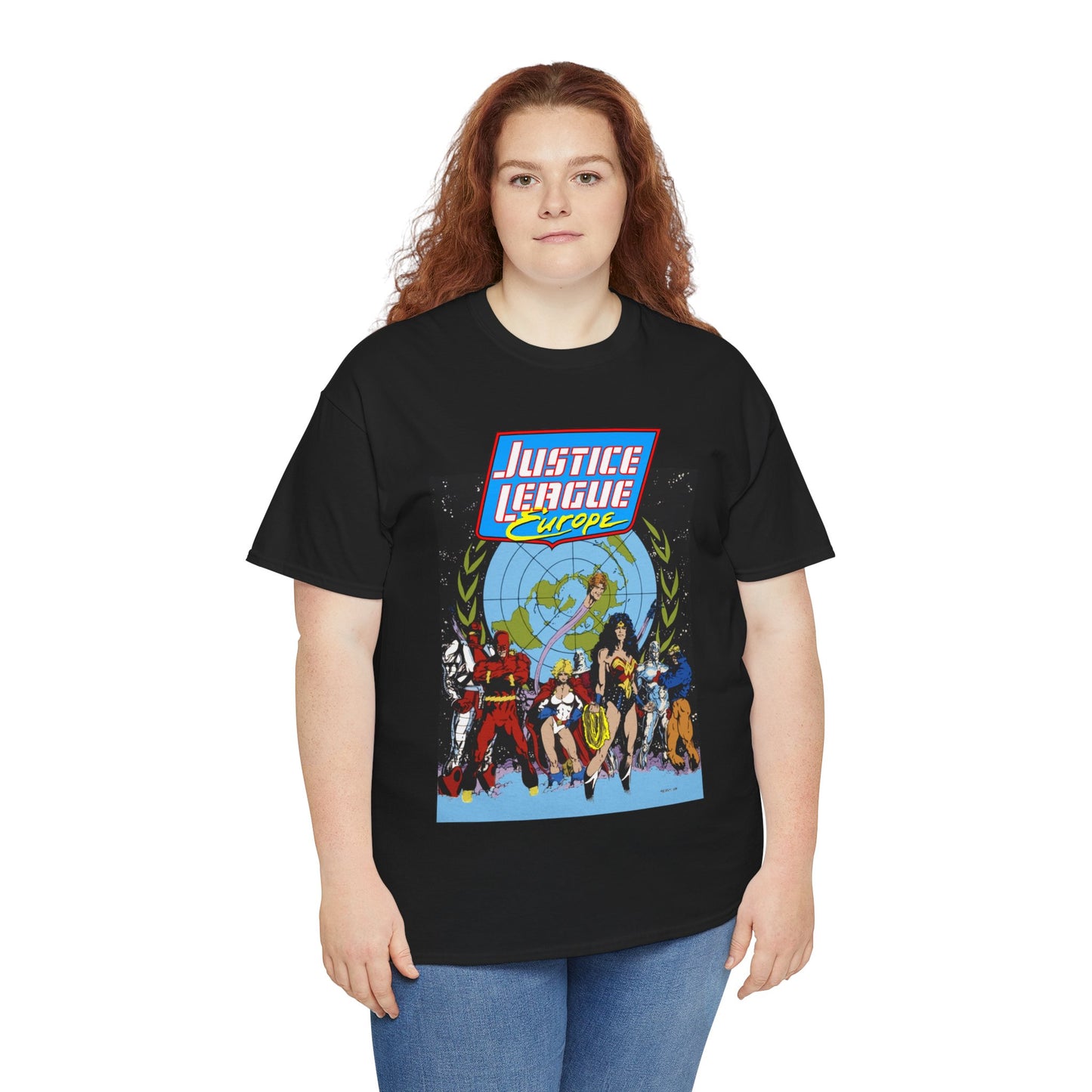 Justice League Europe T-Shirt - Bart Sears Art - Wonder Woman, Flash, Captain Atom, Animal Man, Elongated Man, Power Girl, Metamorpho - JLI Spin-Off - DC Comics
