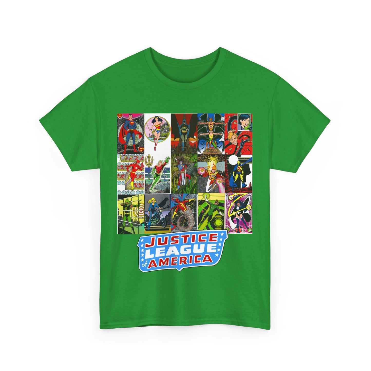 JLA Postcard T-Shirt - George Perez Art - Zatanna, Green Lantern, Flash, Batman, Hawkman, Wonder Woman, Firestorm - Justice League of America - DC Comics