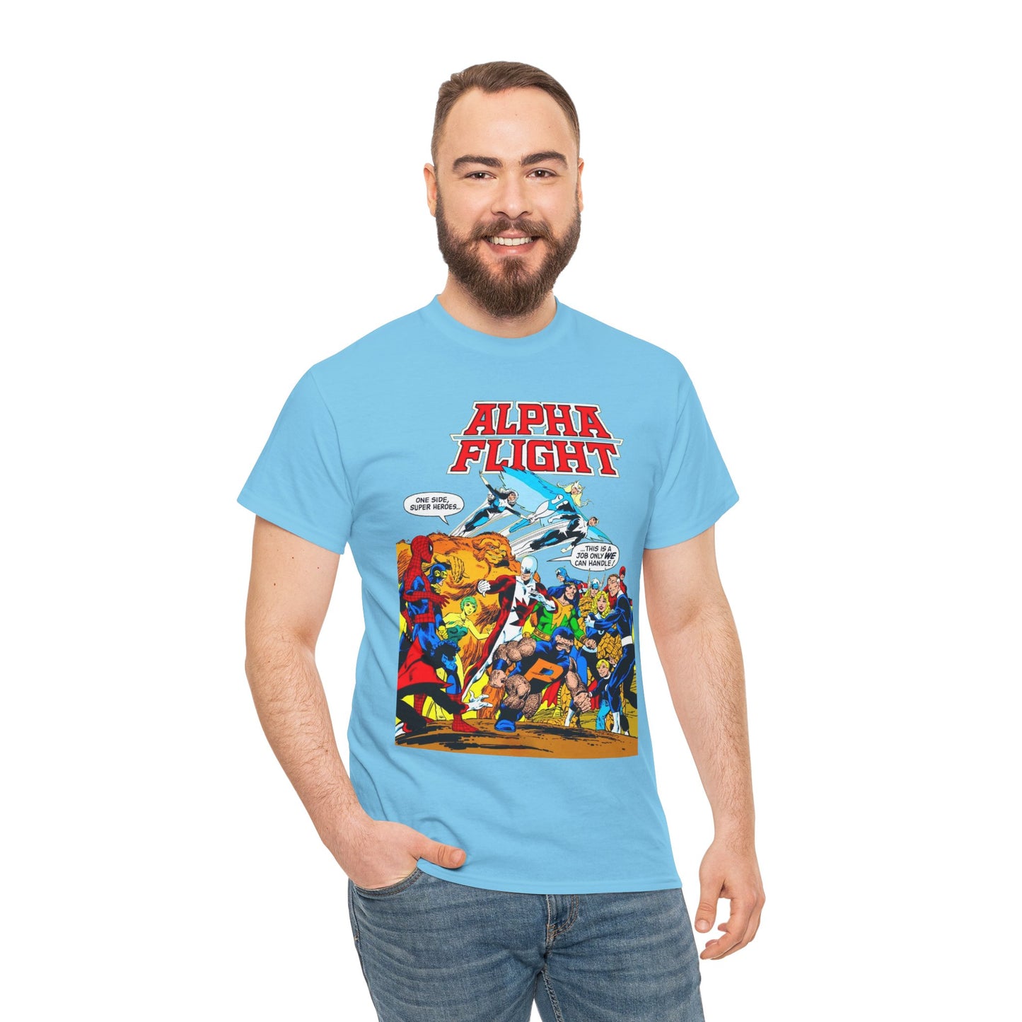 Alpha Flight T-Shirt - John Byrne Art - Sasquatch, Aurora, Northstar, Guardian, Puck, Shaman, Snowbird - Canada's Super Team - Marvel Comics
