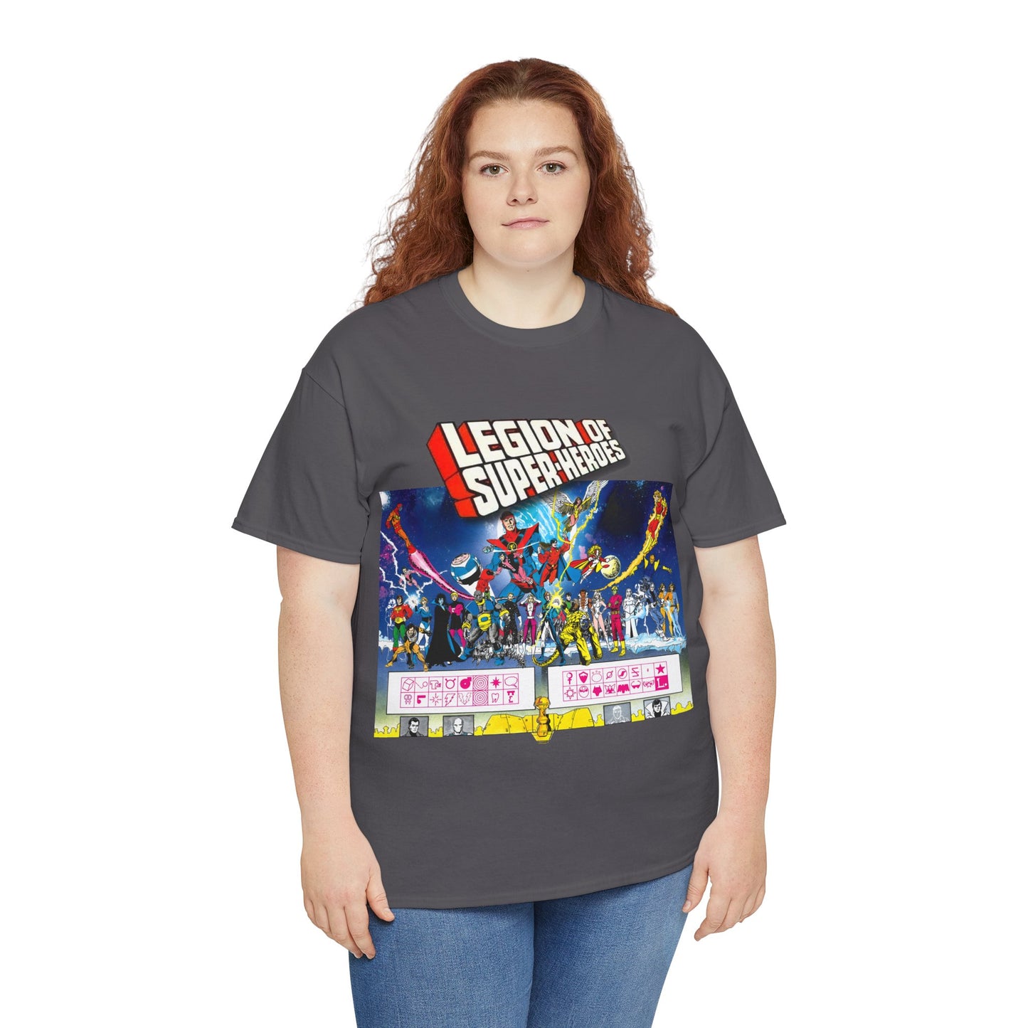 Legion of Super-Heroes T-Shirt - Gorgeous George Perez Art - History of the DC Universe - Lightning Lad, Timber Wolf, Wildfire, Sun Boy, Chamelon Boy - DC Comics
