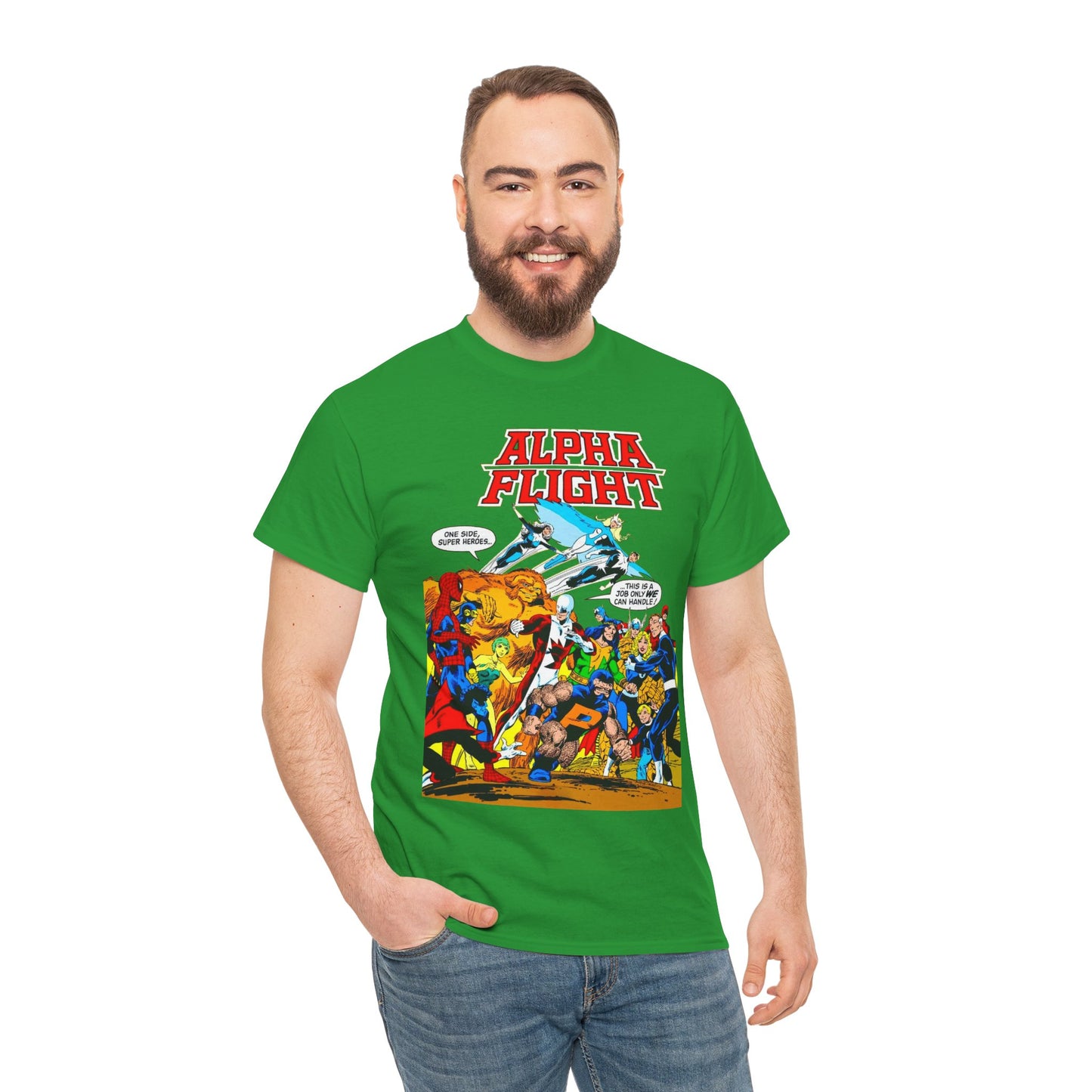 Alpha Flight T-Shirt - John Byrne Art - Sasquatch, Aurora, Northstar, Guardian, Puck, Shaman, Snowbird - Canada's Super Team - Marvel Comics