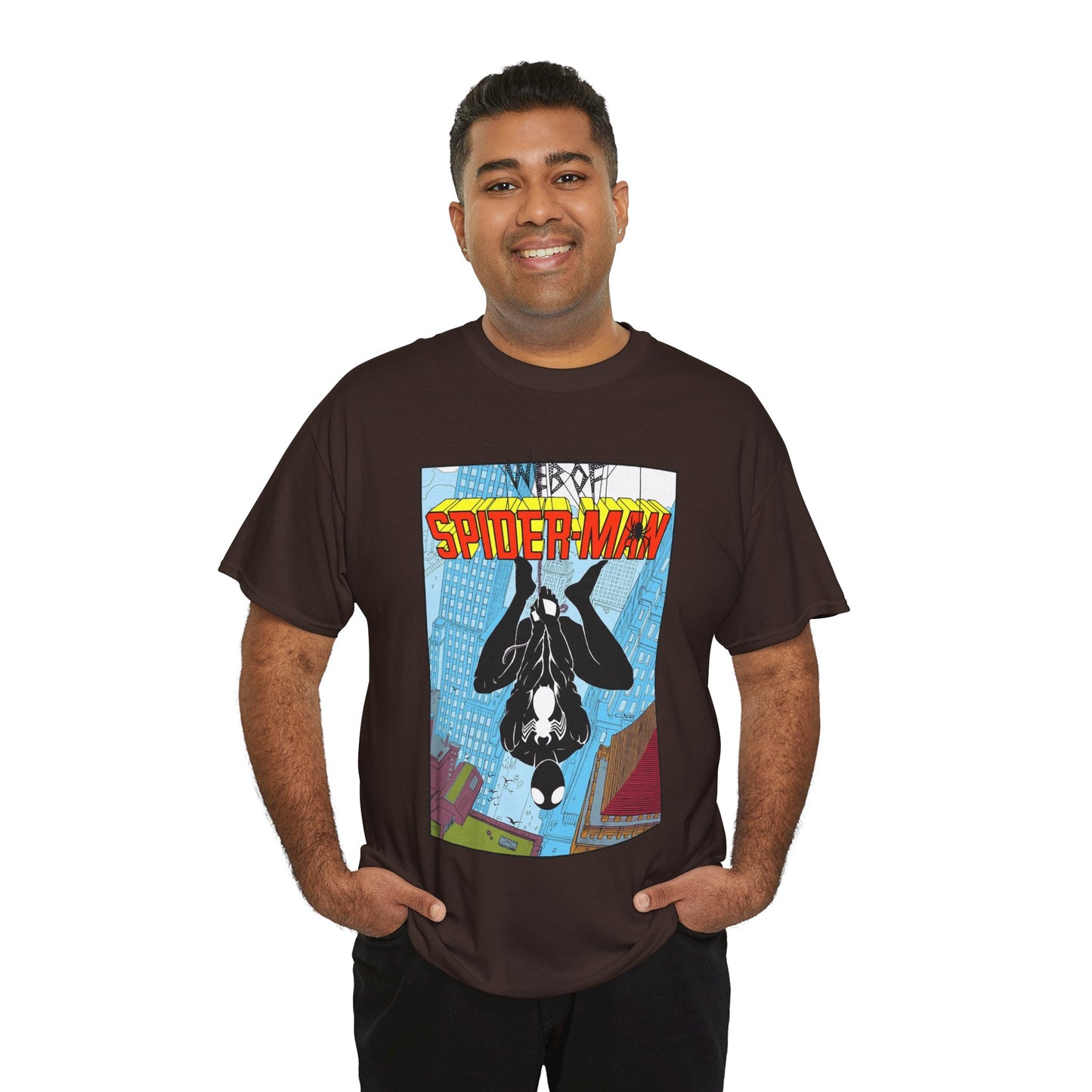 Web of Spider-Man T-Shirt - Charles Vess Art - Peter Parker, Web Slinger - Manhattan Skyline - Spidey Black Suit - Marvel Comics
