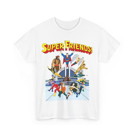 Super Friends T-Shirt - DC Hanna-Barbera - Superman, Wonder Woman, Black Vulcan, Batman, The Wonder Twins, Apache Chief, Hall of Justice