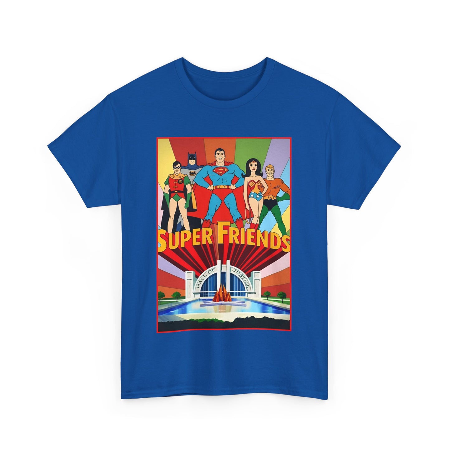 Super Friends T-Shirt - Batman, Superman, Wonder Woman, Robin - Hanna-Barbera Cartoon - DC Comics - Hall of Justice