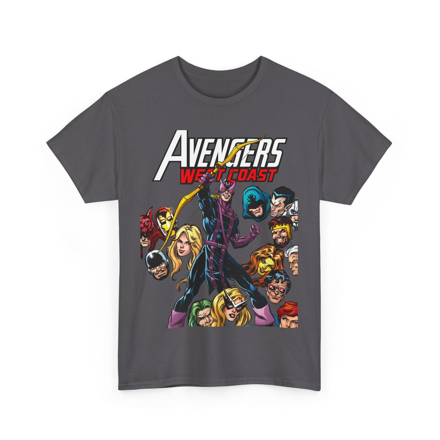 Avengers West Coast T-Shirt - Bob Hall Art - Hawkeye, Iron Man, Wonder Man, Tigra, Mockingbird - Marvel Comics Team