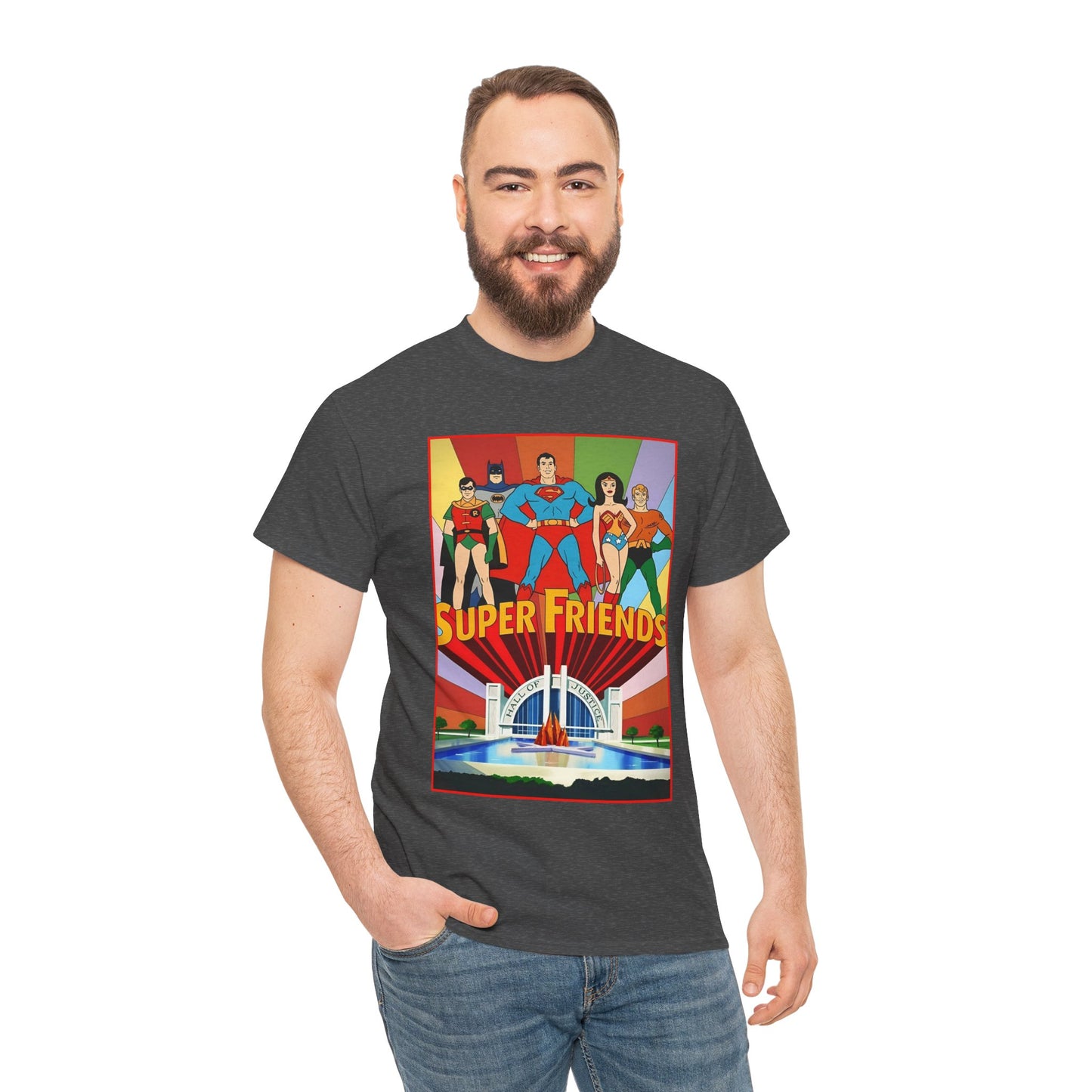Super Friends T-Shirt - Batman, Superman, Wonder Woman, Robin - Hanna-Barbera Cartoon - DC Comics - Hall of Justice