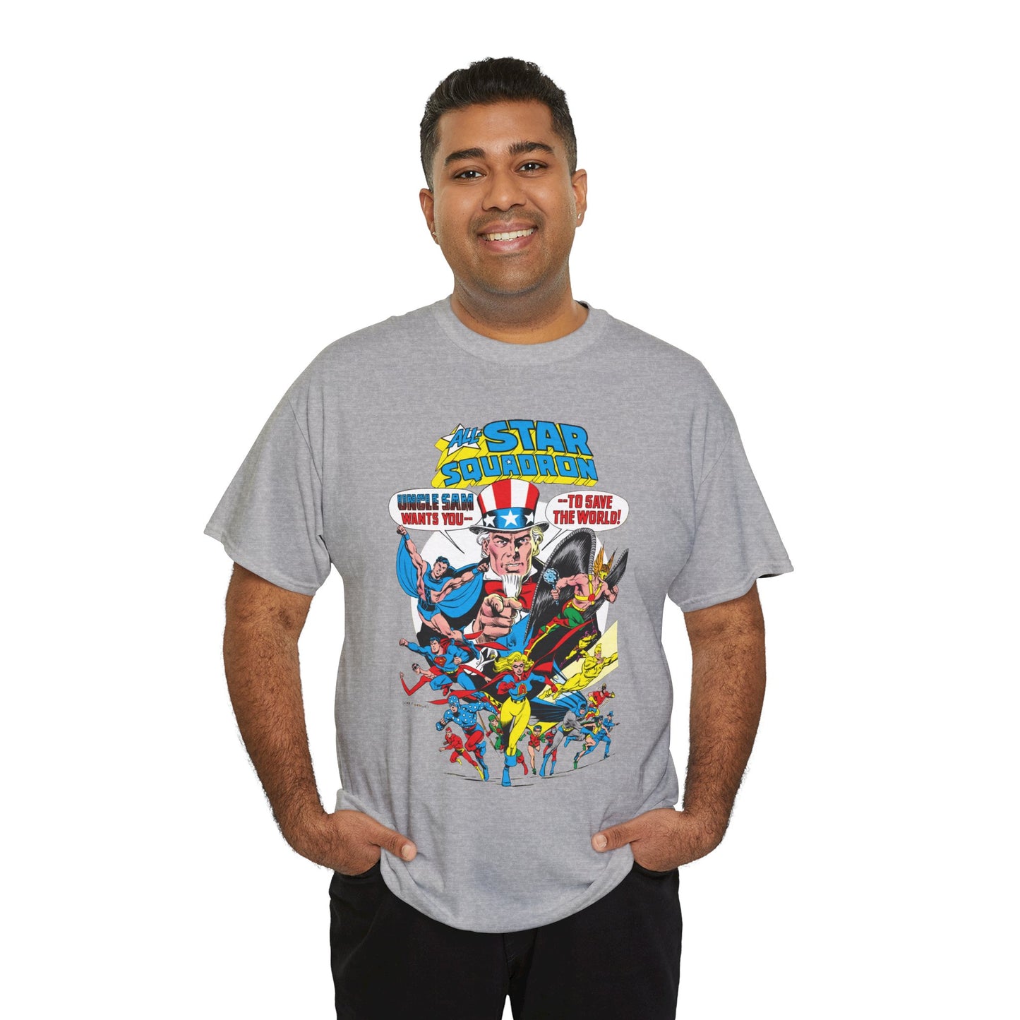 All-Star Squadron T-Shirt - Jerry Ordway Art - Uncle Sam, Hawkman, Superman, Liberty Belle, Black Condor, the Ray, Batman, Plastic Man - JSA Link - DC Comics