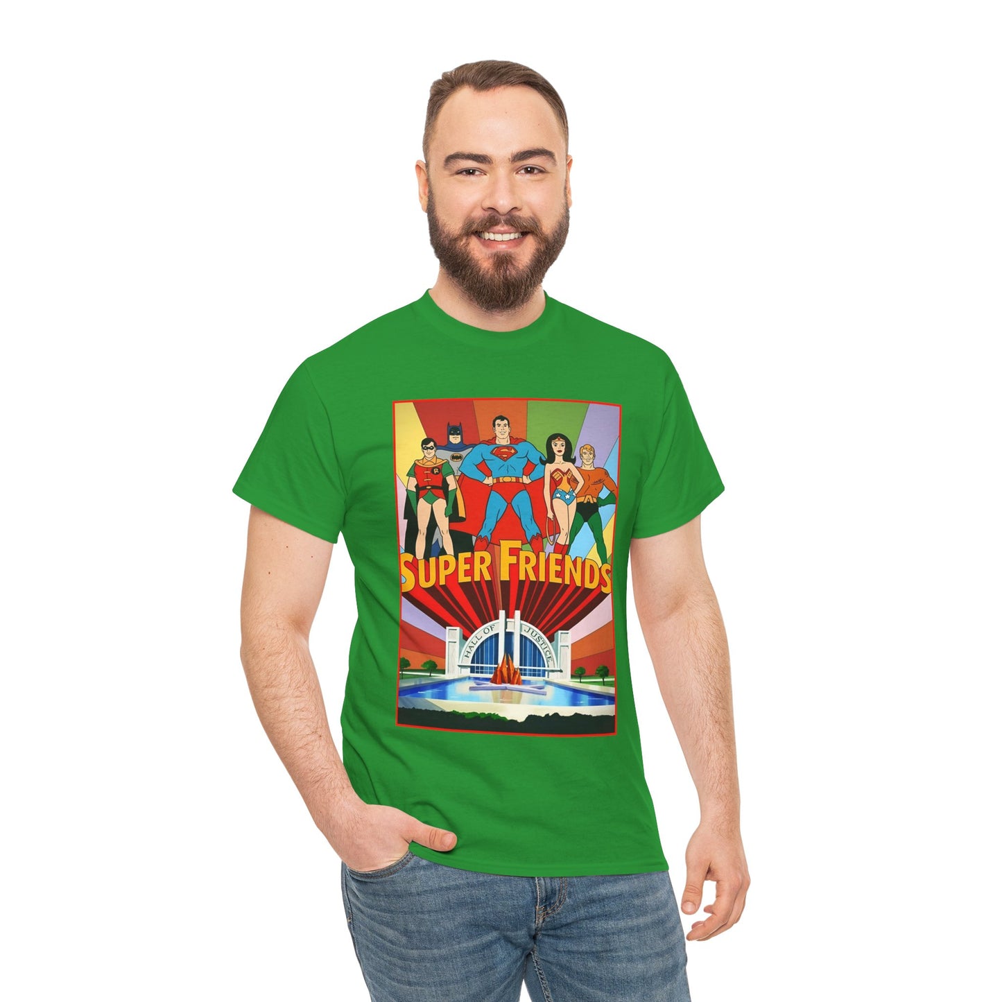 Super Friends T-Shirt - Batman, Superman, Wonder Woman, Robin - Hanna-Barbera Cartoon - DC Comics - Hall of Justice