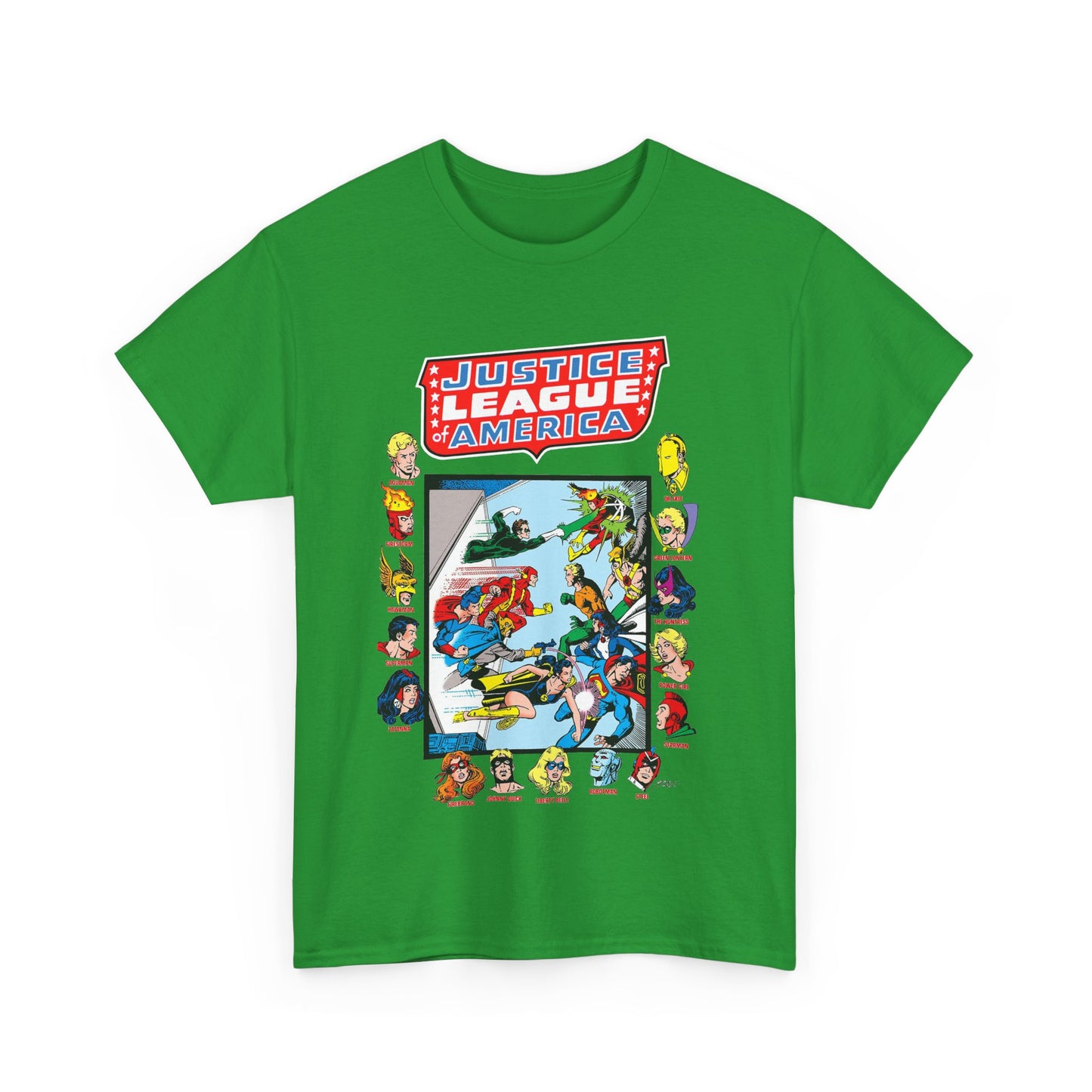 JLA & JSA T-Shirt - George Perez Art - All-Star Squadron - Firestorm, Huntress, Starman, Zatanna, Liberty Belle, Superman, Robotman, Firebrand, Dr Fate - DC Comics