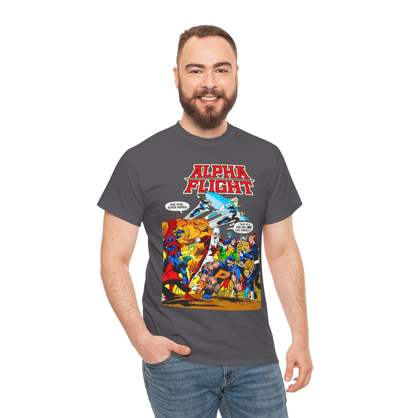 Alpha Flight T-Shirt - John Byrne Art - Sasquatch, Aurora, Northstar, Guardian, Puck, Shaman, Snowbird - Canada's Super Team - Marvel Comics
