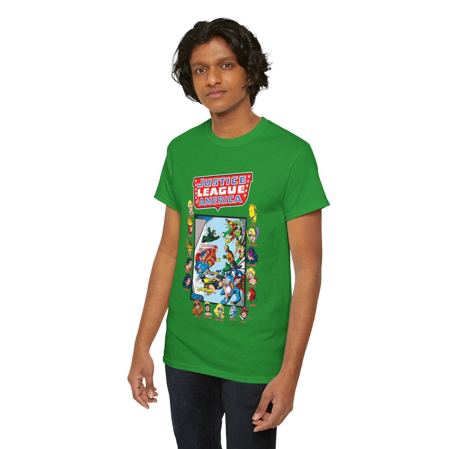 JLA & JSA T-Shirt - George Perez Art - All-Star Squadron - Firestorm, Huntress, Starman, Zatanna, Liberty Belle, Superman, Robotman, Firebrand, Dr Fate - DC Comics