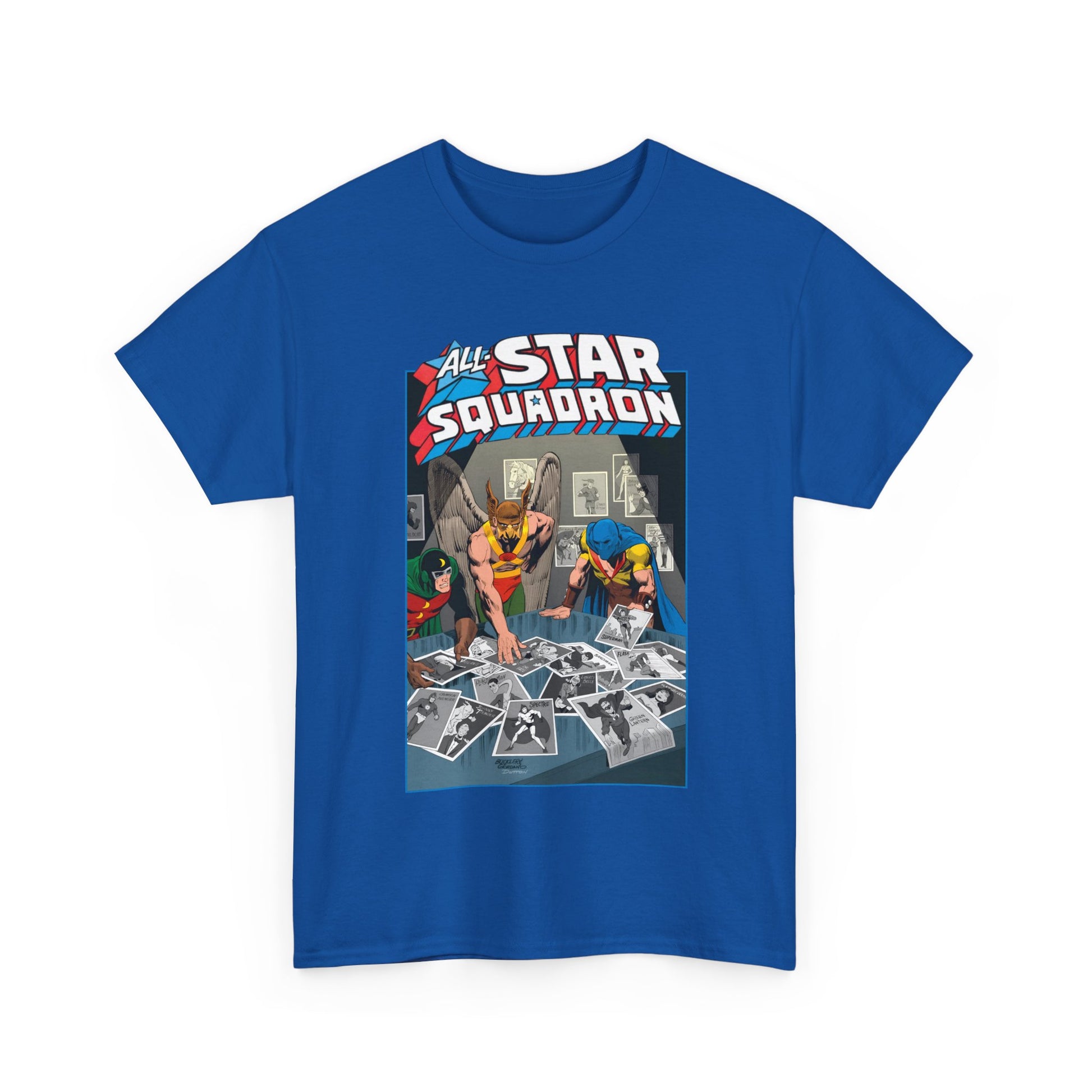 Blue t-shirt with 'All Star Squadron' graphic design on a white background. Includes Hawkman, Doctor Mid-Nite, and Atom, members of the Justice Society of America (JSA).