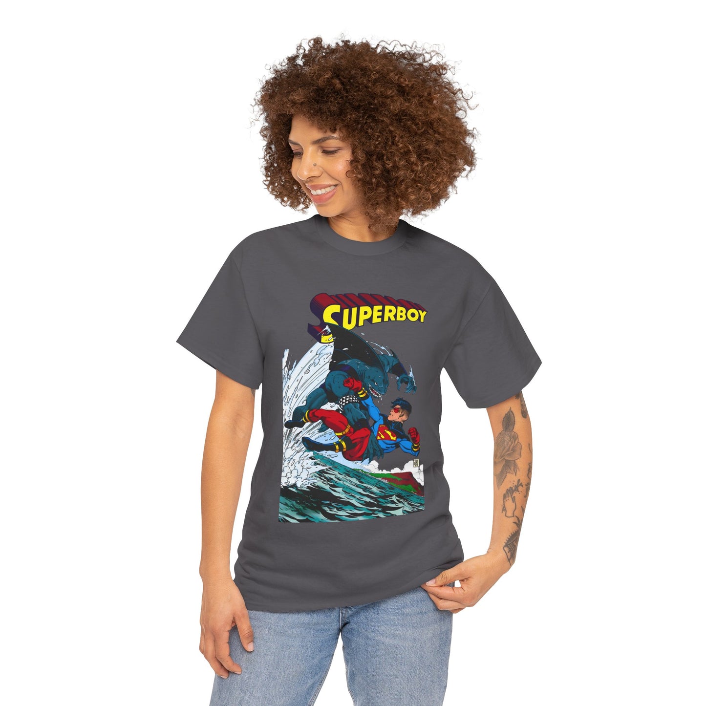 King Shark Vs Superboy T-Shirt - Tom Grummett Art - Connor Kent, Kon-L - Superman Family - DC Comics