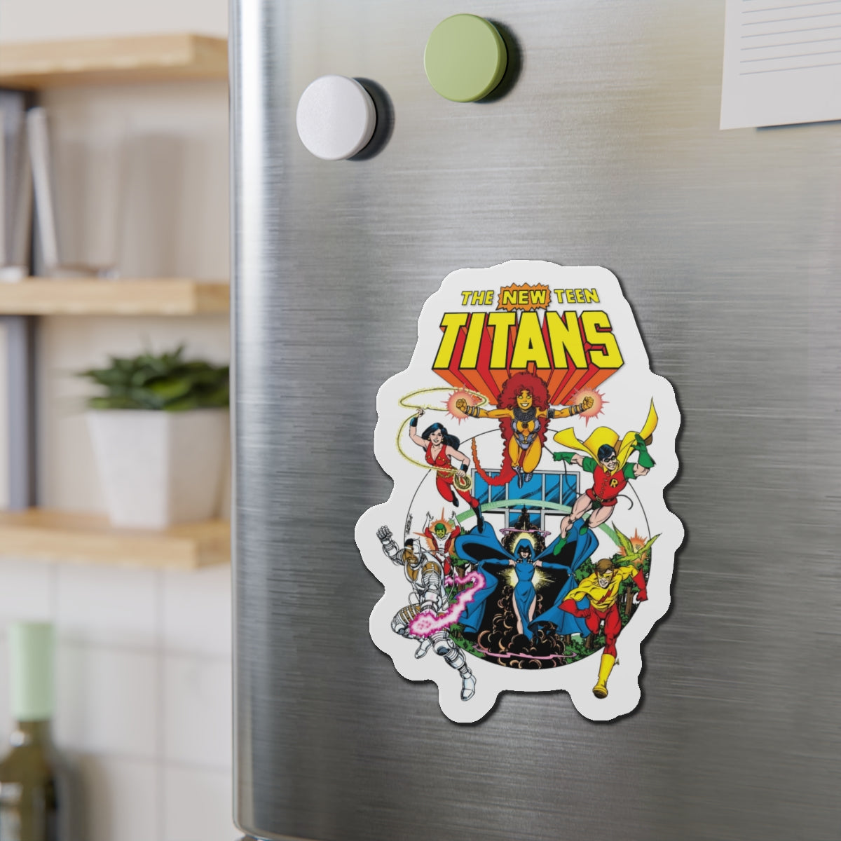New Teen Titans Die-Cut Magnet - George Perez Art - Robin, Wonder Girl, Cyborg, Starfire, Raven, Changeling, Kid Flash - Titans Tower - DC Comics - 3", 4", 5", 6"