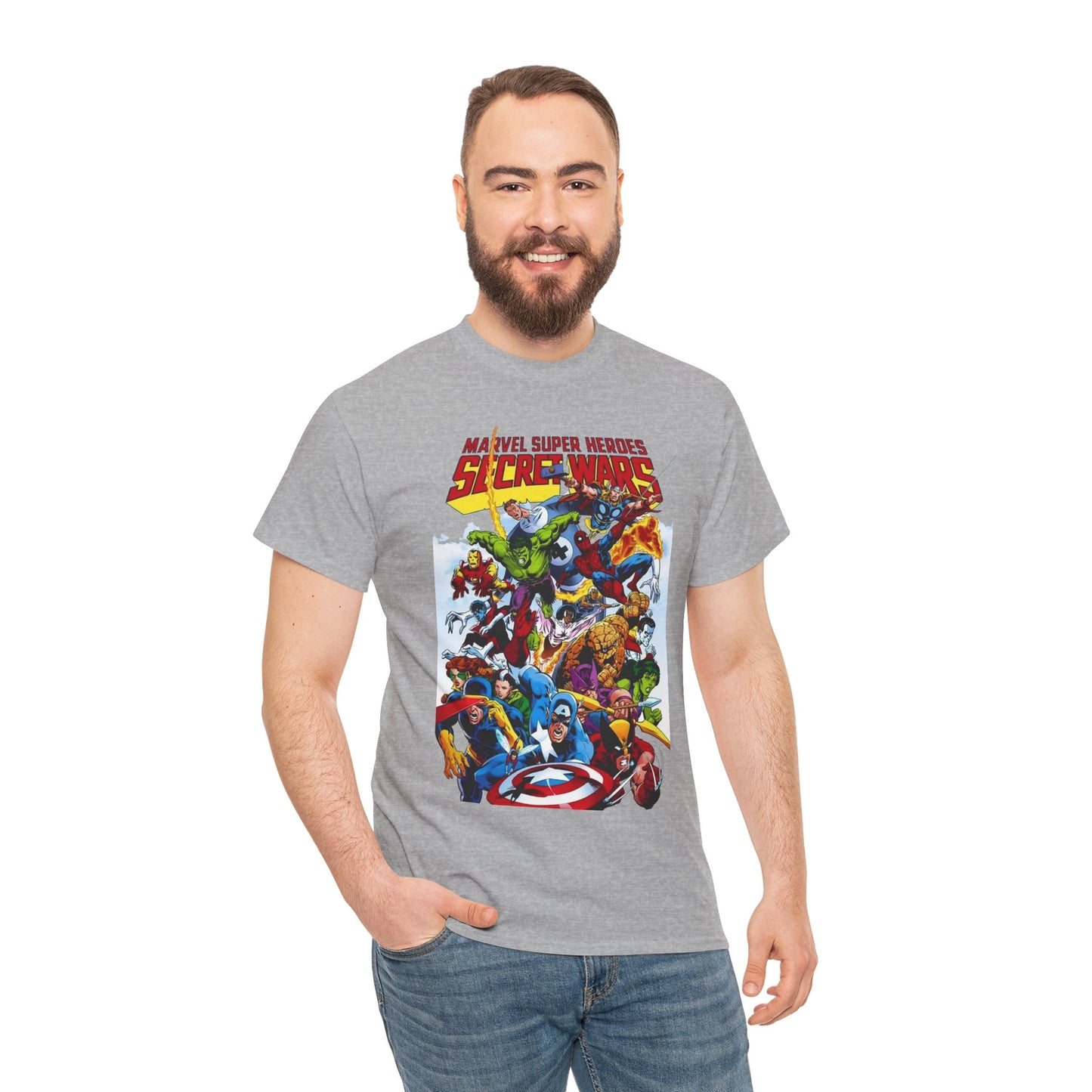Secret Wars T-Shirt - Spider-man, Wolverine, Iron Man, Captain America, Cyclops, Rogue, Hulk, Mr Fantastic, The Thing - Classic Marvel Comics 1980s Series - The Beyonder