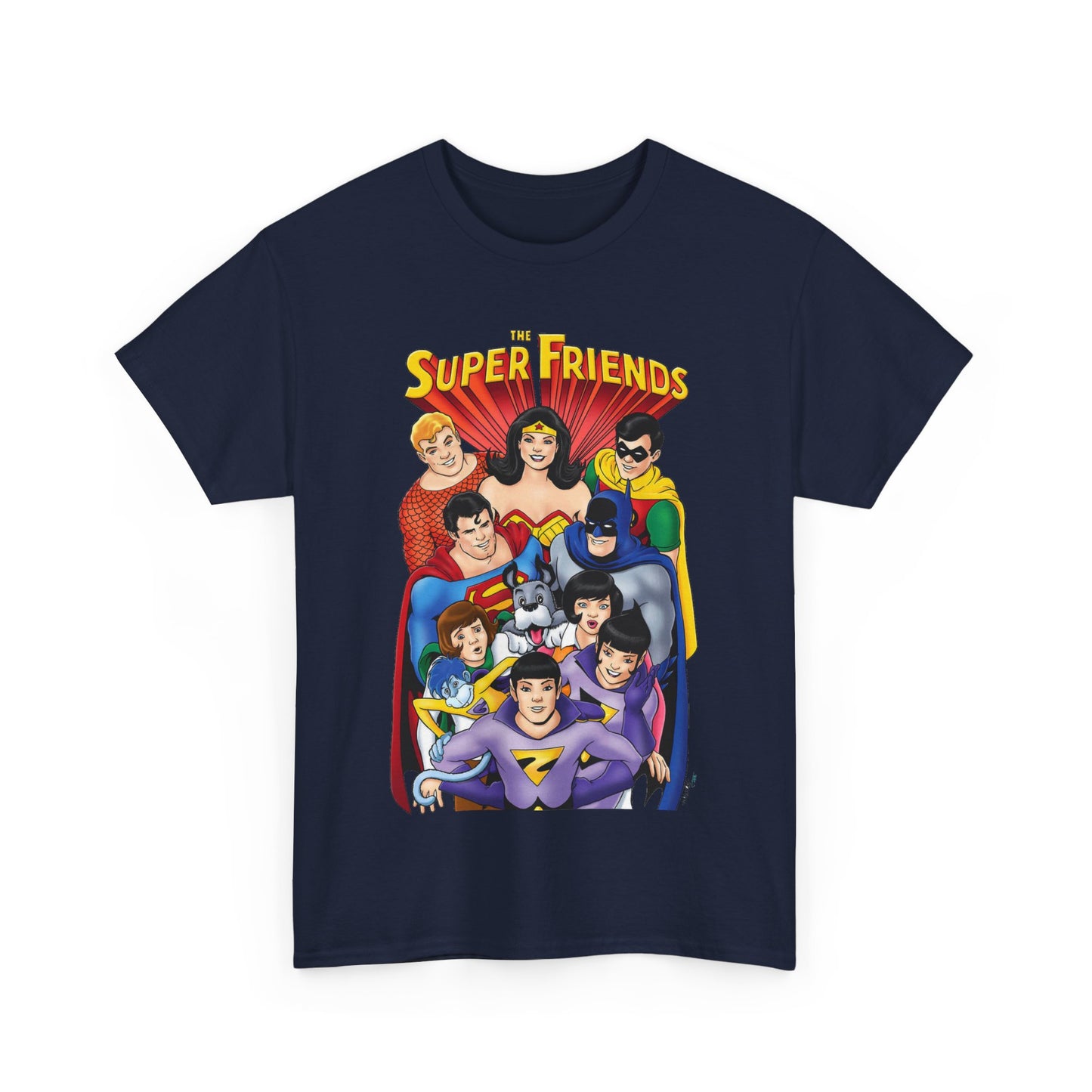 Super Friends T-Shirt - Kevin Maguire Art - Wonder Twins, Gleek, Superman, Wonder Woman Batman - DC Comics - Based on 1970s Hanna-Barbera Cartoon