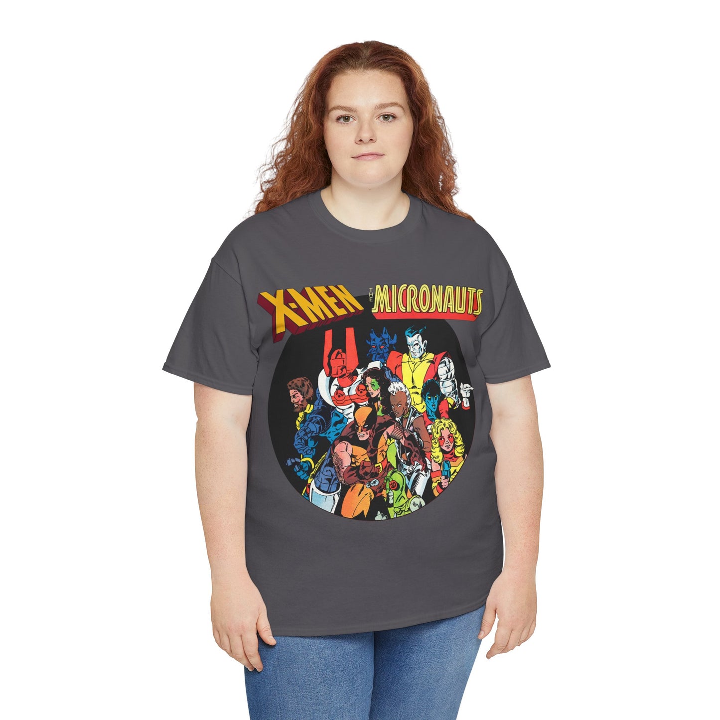 X-Men/Micronauts T-Shirt - Wolverine, Storm, Nightcrawler, Kitty Pryde, Colossus, Acroyear, Arcturus Rann, Marionette Bug - Marvel Comics - Popular 1980s Crossover Mini-Series