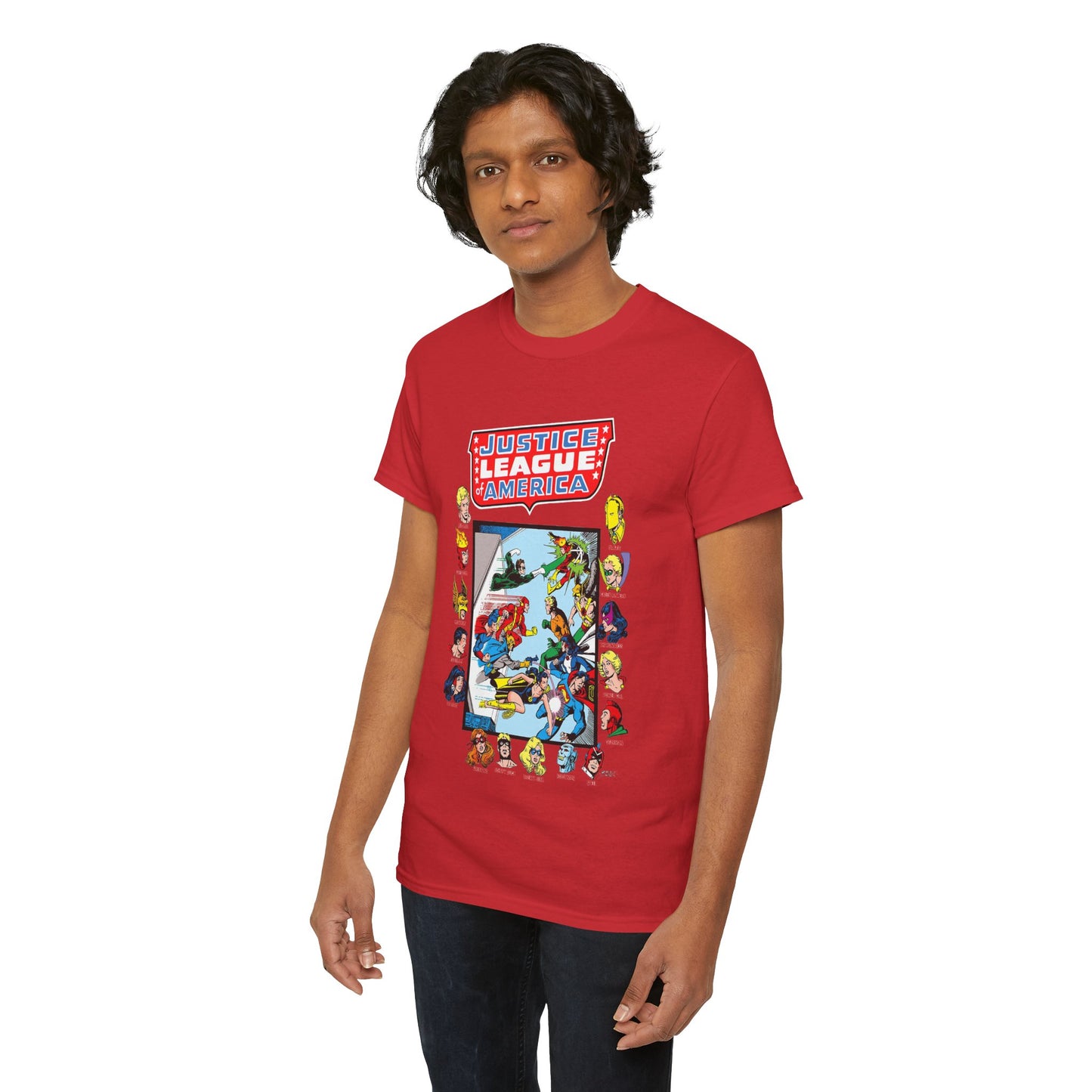 JLA & JSA T-Shirt - George Perez Art - All-Star Squadron - Firestorm, Huntress, Starman, Zatanna, Liberty Belle, Superman, Robotman, Firebrand, Dr Fate - DC Comics