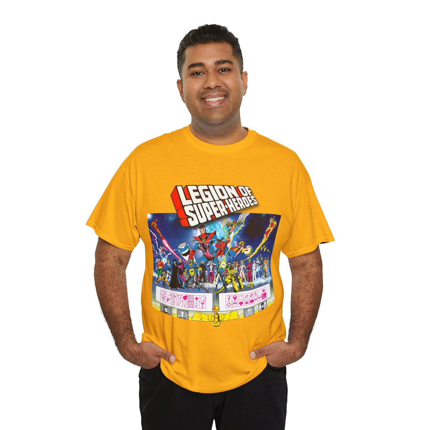 Legion of Super-Heroes T-Shirt - Gorgeous George Perez Art - History of the DC Universe - Lightning Lad, Timber Wolf, Wildfire, Sun Boy, Chamelon Boy - DC Comics
