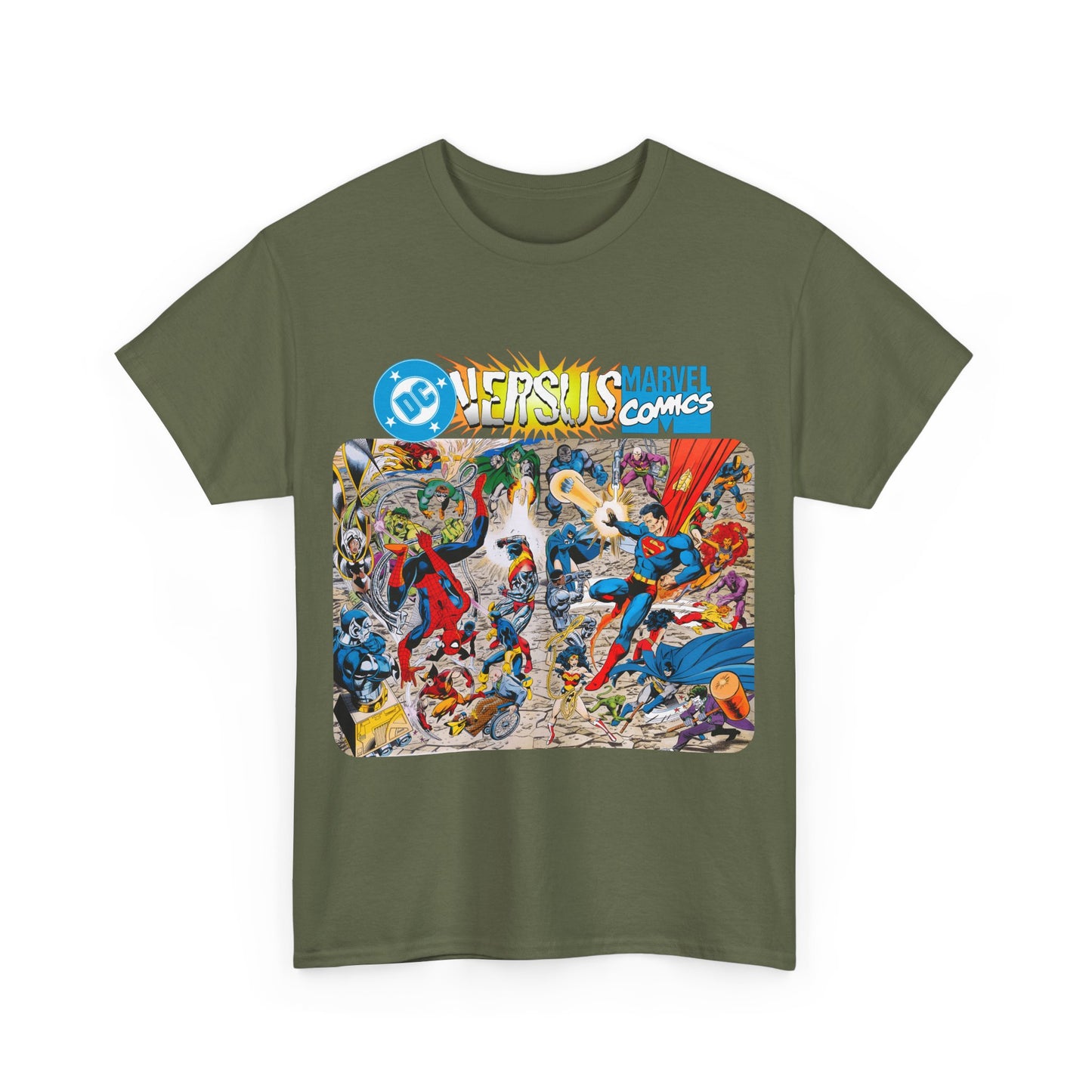 DC Comics Vs Marvel T-Shirt - John Byrne Art - Spider-Man, Raven, Cyborg, Wolverine, Joker, Superman, Batman, Deathstroke, Darkseid