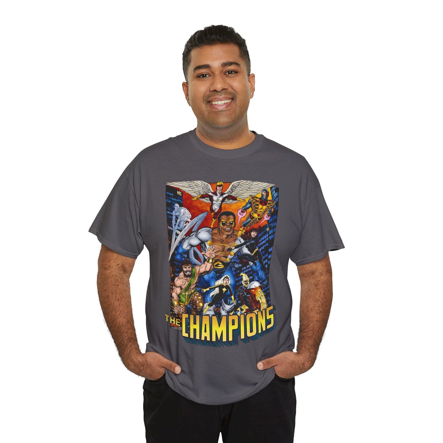 Champions T-Shirt - John Byrne Art - Hercules, Black Widow, Ghost Rider, Black Goliath, Silver Surfer, Jack of Hearts - Marvel Comics 1970s Series