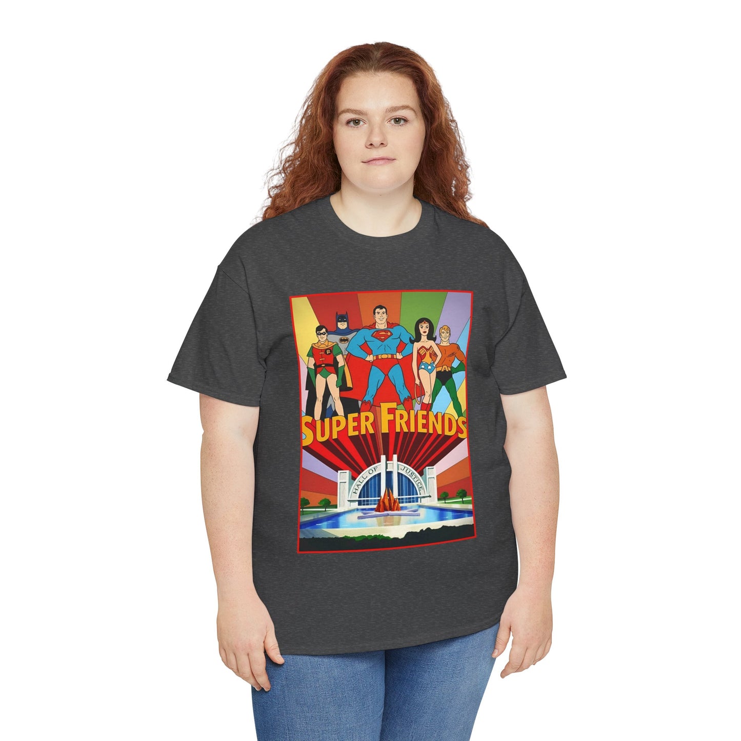 Super Friends T-Shirt - Batman, Superman, Wonder Woman, Robin - Hanna-Barbera Cartoon - DC Comics - Hall of Justice