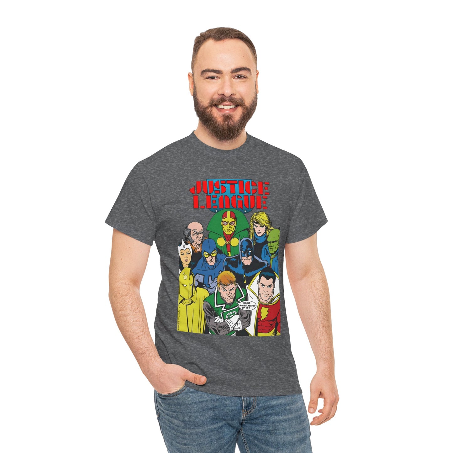 Justice League International T-Shirt - Kevin Maguire Art - JLI - DC Comics - Blue Beetle, Dr Fate, Batman, Mr Miracle, Martian Manhunter - Guy Gardner