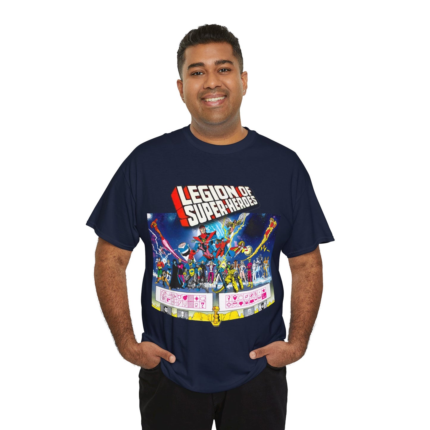 Legion of Super-Heroes T-Shirt - Gorgeous George Perez Art - History of the DC Universe - Lightning Lad, Timber Wolf, Wildfire, Sun Boy, Chamelon Boy - DC Comics