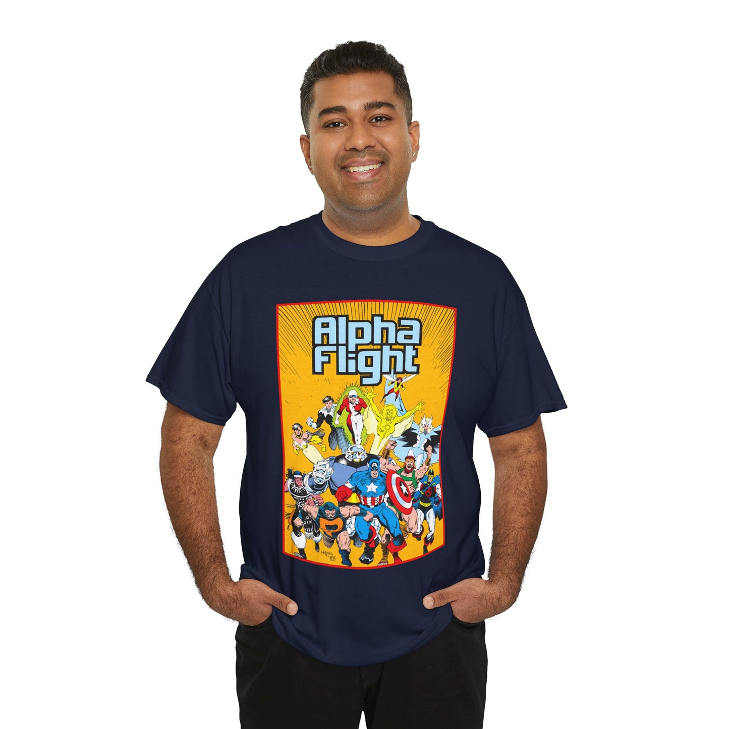 Alpha Flight T-Shirt - Mike Mignola Art - Northstar, Aurora, Snowbird, Shaman, Puck - Avengers: Captain America, Captain Marvel, Hercules, Black Knight - Marvel Comics