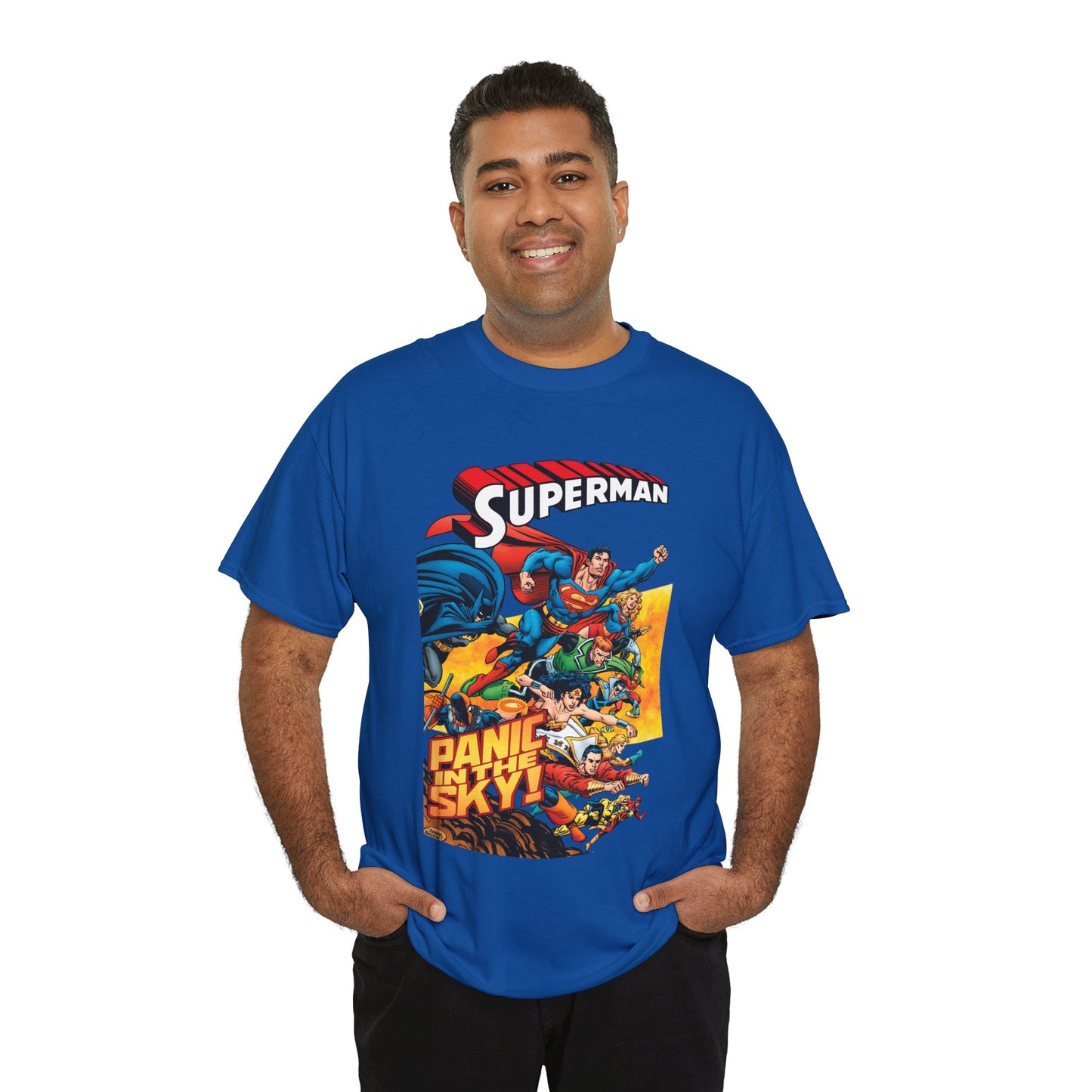 Superman - Panic in the Sky T-Shirt - Dan Jurgens Art - Vs Brainiac & Maxima - Wonder Woman, Booster Gold, Shazam, Batman, Flash, Aquaman, Supergirl - DC Comics