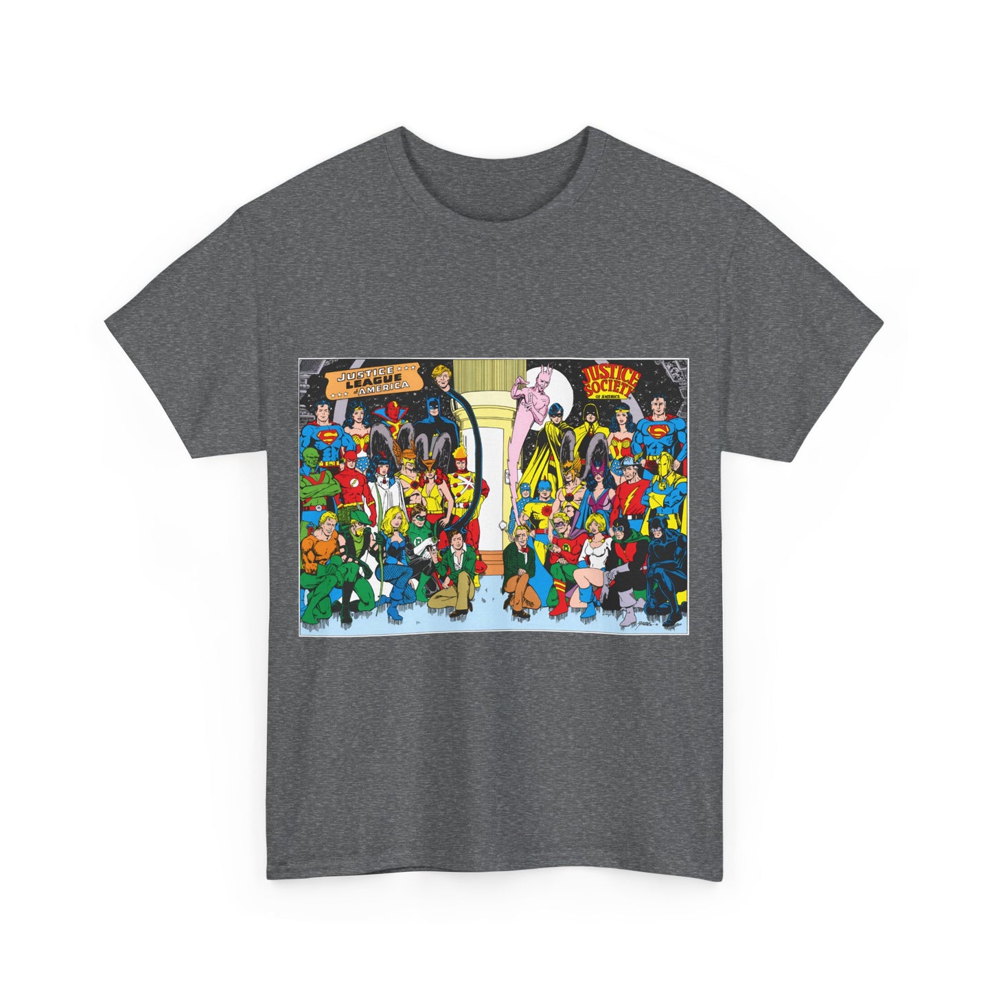 JLA & JSA T-Shirt - George Perez Art - Justice League, Society Team-up - Batman, Wildcat, Dr Fate, Hourman, Firestorm, Superman