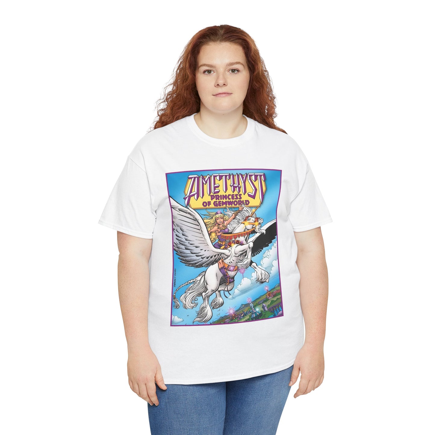 Amethyst Princess of Gemworld T-Shirt - George Perez Art - DC Comics 1980s Series - Riding a Unicorn