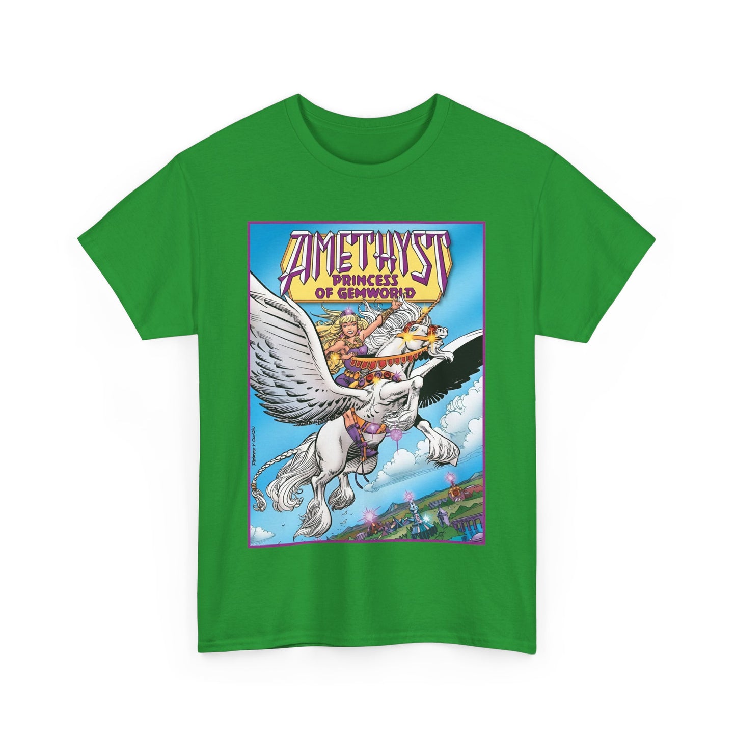 Amethyst Princess of Gemworld T-Shirt - George Perez Art - DC Comics 1980s Series - Riding a Unicorn