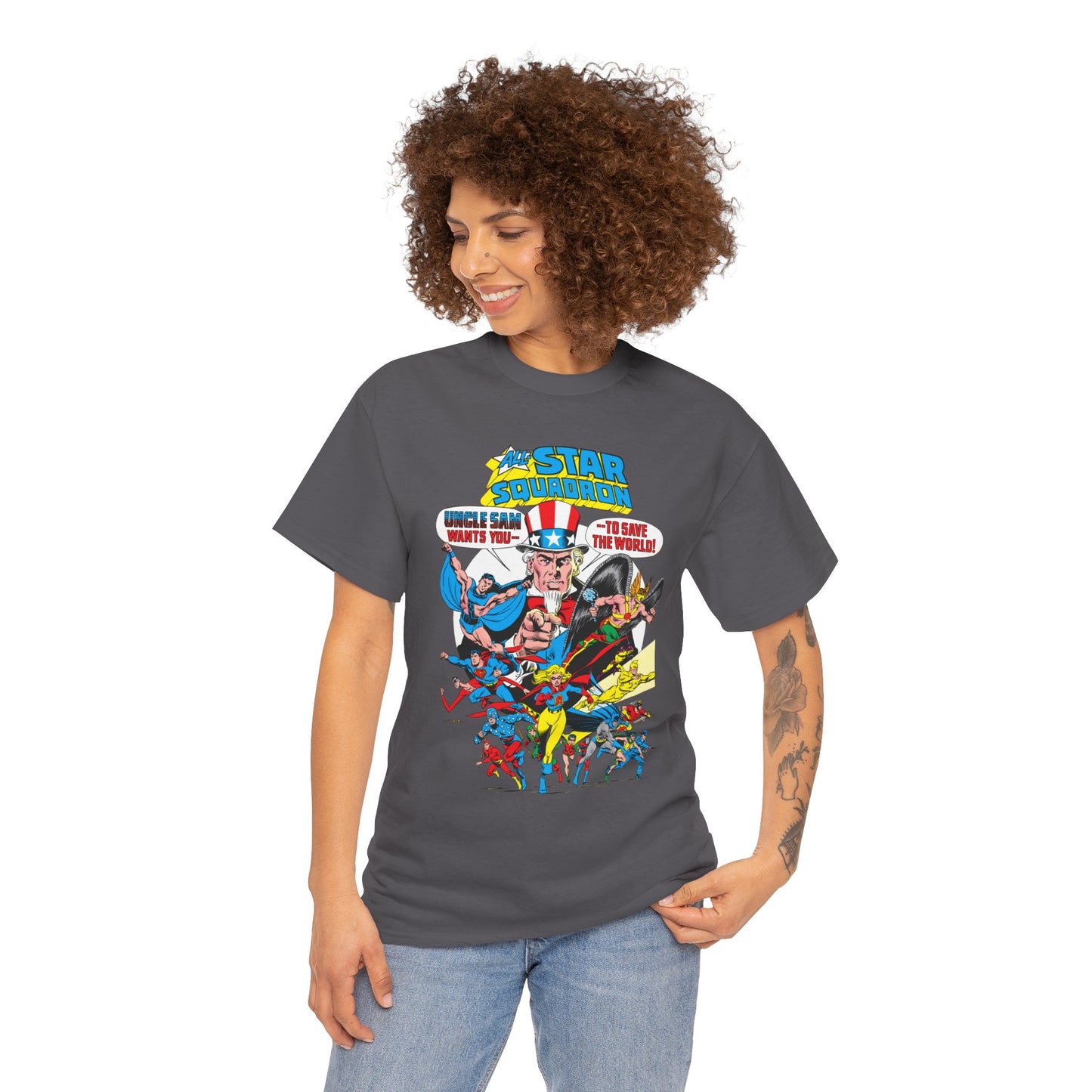 All-Star Squadron T-Shirt - Jerry Ordway Art - Uncle Sam, Hawkman, Superman, Liberty Belle, Black Condor, the Ray, Batman, Plastic Man - JSA Link - DC Comics